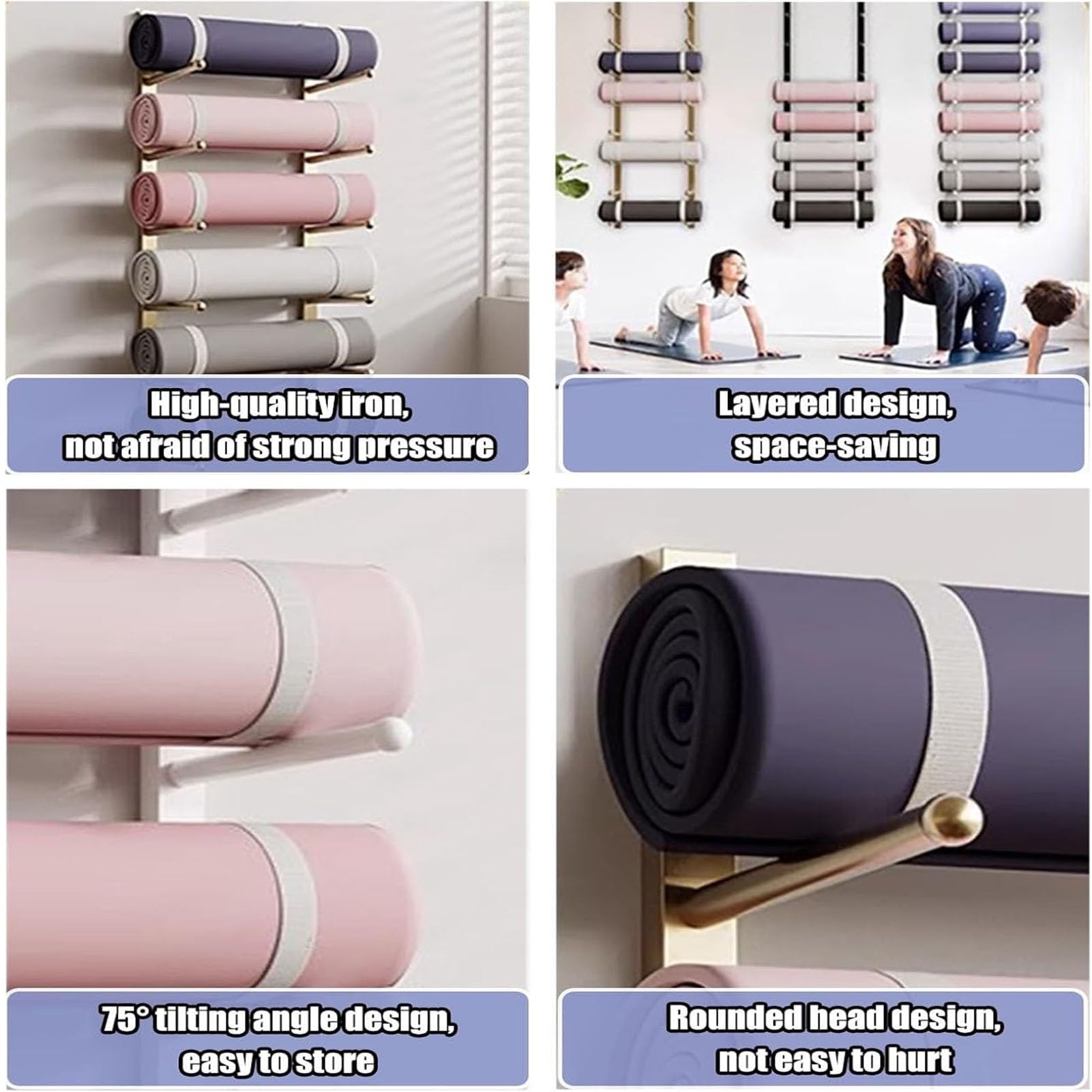 Générique 6 Lagen Yoga-Mattenhalter, Wandhalterung aus Metall für Schaumstoffrollen, hängende Yoga-Mattenhalterung für Home-Gym-Übungen, platzsparend(Schwarz)