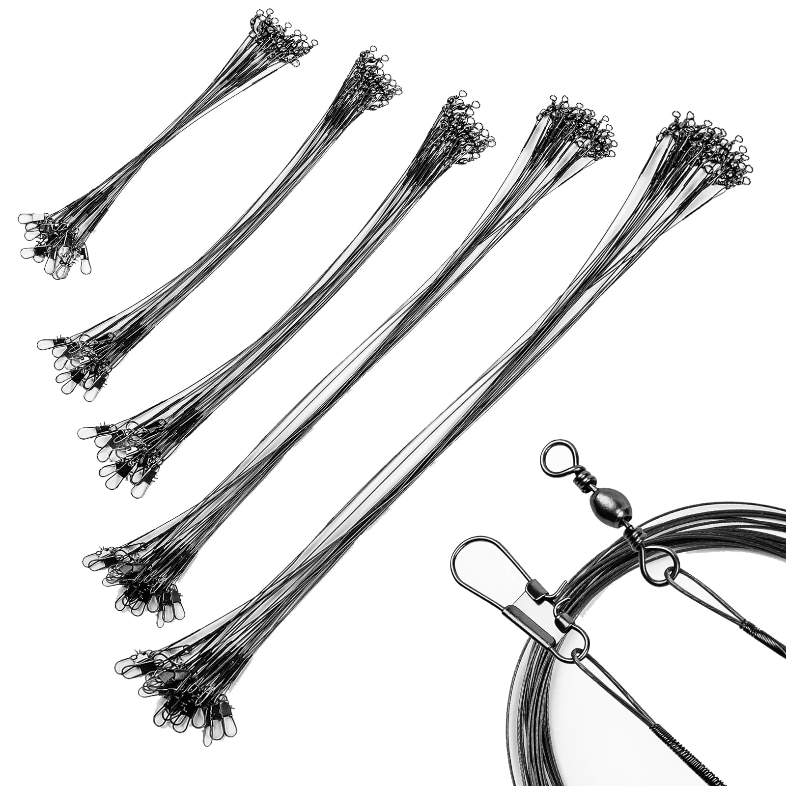 60 Pcs Stainless Steel Wire Traces Pike Fishing,Anti-Bite Fishing Leaders with Swivels Snap,Fishing Line Accessories for Bait Rigs Saltwater Freshwater(10/15/20/25/30 cm）