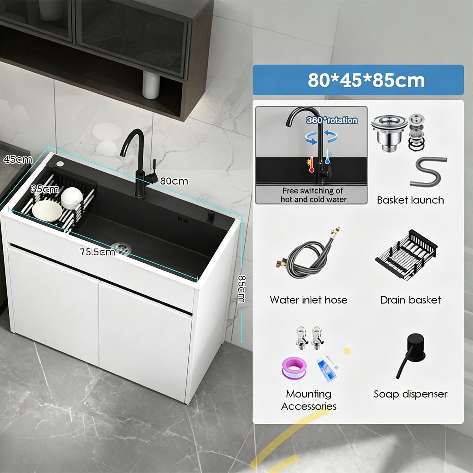 Mueble Fregadero Exterior de Aluminio Panal de Abeja 80cm, Lavabo de Acero Inoxidable con Grifo Mezclador y Dispensador, Fregadero Autoportante para Jardín, Garaje o Lavadero, Blanco