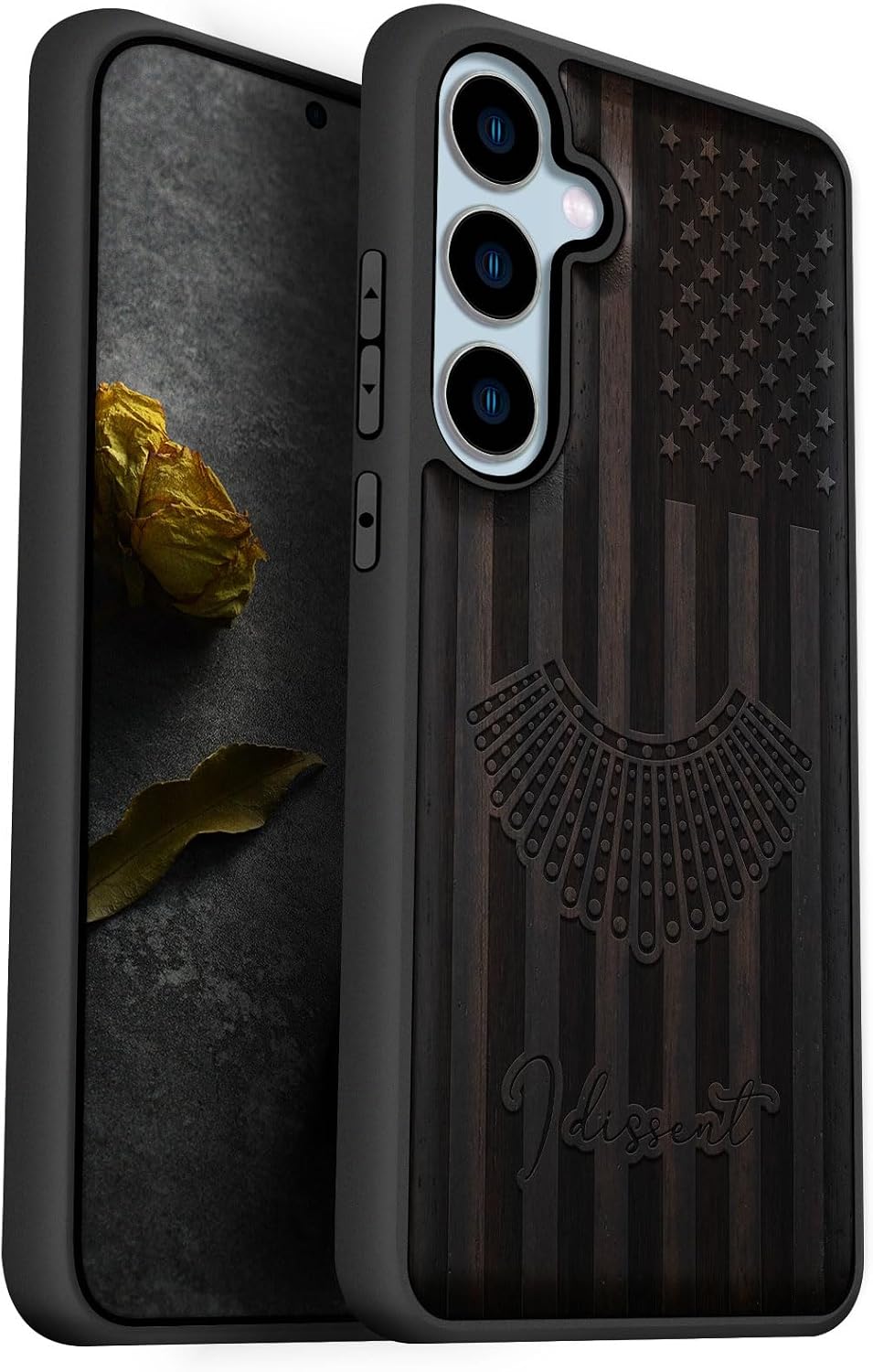 Carveit Wood Case for Galaxy S24 FE Case [Natural Wood & Black Soft TPU] Shockproof Protective Cover Unique Wooden Design Compatible with S24 FE (Justice and Legacy-Rosy)