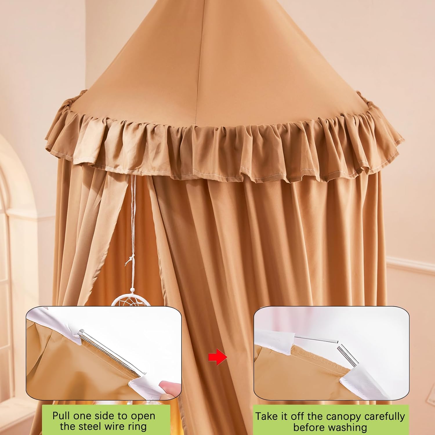 Akiky Kids Bed Canopy for Crib & Twin Size with Ruffles Dreamcatcher, Boys Princess Girls Nursery Room Decor Toddler Baby Dome Round Hanging Tent Curtains Skirt Over Bed Reading Nook Play Nougat