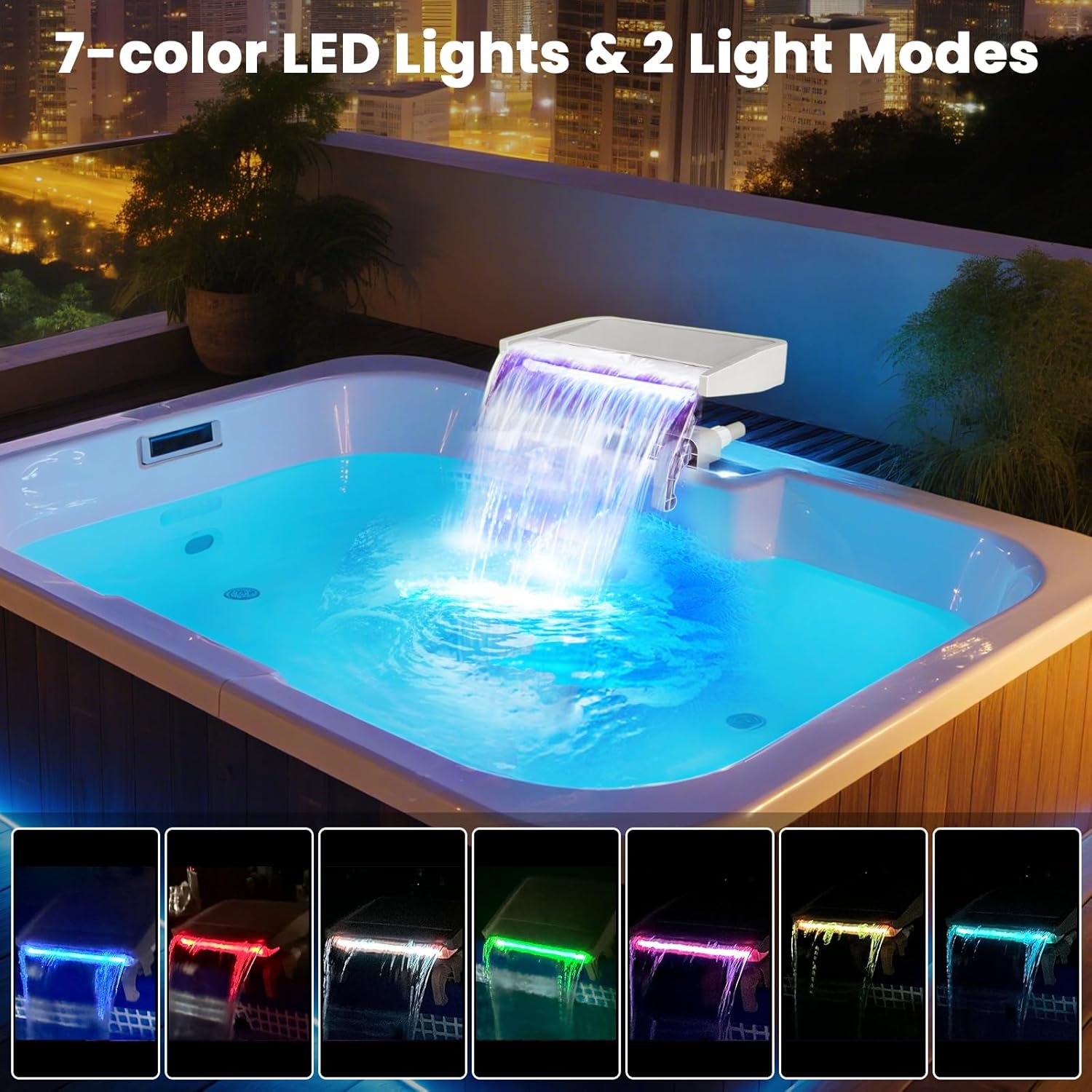 Pool Fountain Waterfall for Above Ground Pools with 7-Color LED Lights, Smooth Flowing Pool Waterfall for Outdoor Decor and Relaxation, Adjustable Width Fits Various Frame Pools (Led Light)