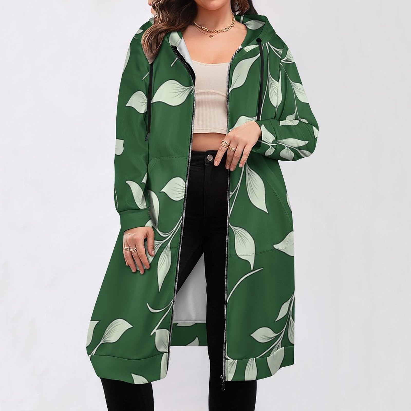 Felpa Donna con Zip Felpe Sportiva con Tasche E Cappuccio Motivo A Foglia Bianca Morbida Invernale Giacca Regolabile Confortevole per Uso Quotidiano Casual