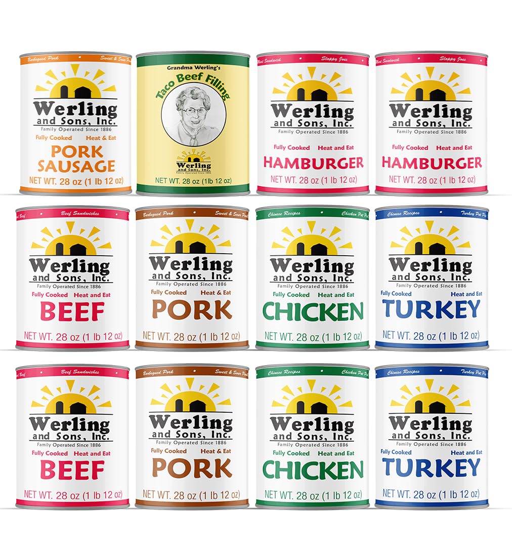 Werling & Sons Canned Meat Variety Pack 28 oz – Fully Cooked & Ready to Eat | Includes 2 Hamburger, 2 Chicken, 2 Beef, 2 Turkey, 2 Pork, 1 Pork Sausage & 1 Taco Beef Filling | Shelf-Stable Premium Canned Meat for Pantry, Everyday Meals, Emergency Storage, Camping & Survival | Pack of 12 | Made in USA