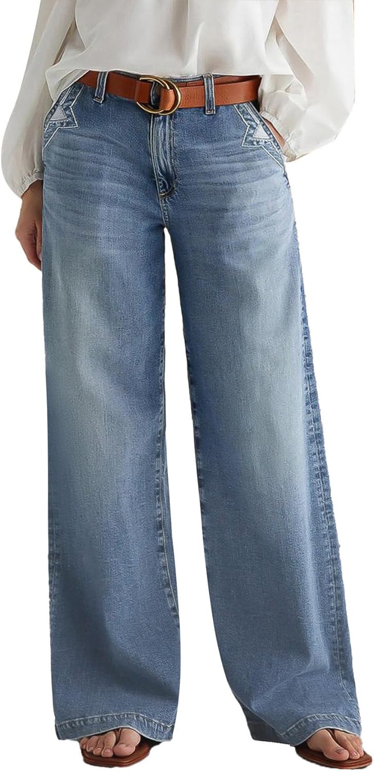 Flamingals Wide Leg Jeans for Women Mid Waist Baggy Stitch Decor Denim Washed Pants Without Belt