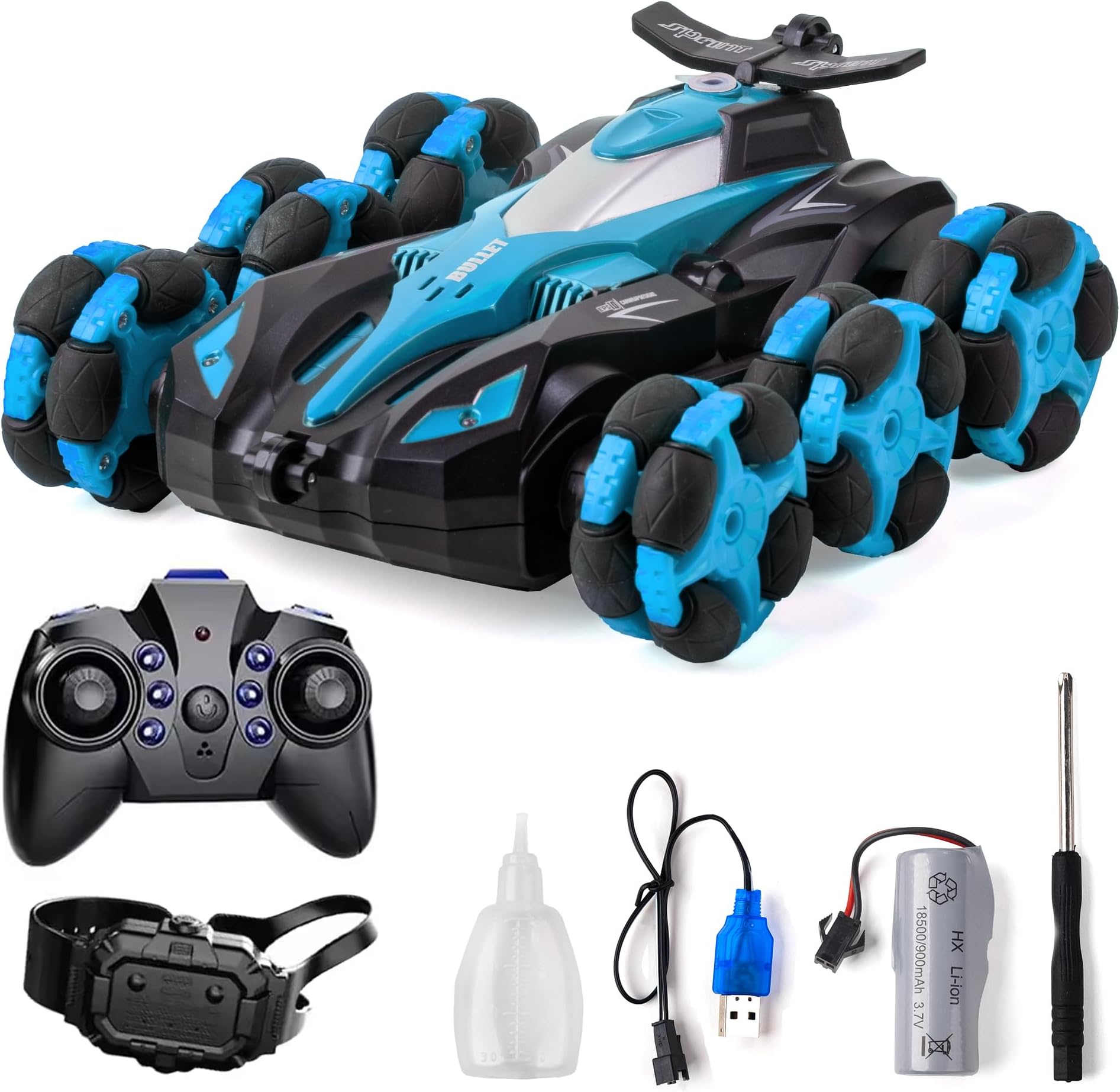 RC Car Toys, 6WD Remote Control Stunt Car, All-Terrain RC Car with 360° Swing-Arm, LED Lights, Music, Smoke Effects, 900 mAh Battery, Dual 2.4 Ghz & Motion-Sense Control - Toys for Kids (Blue)
