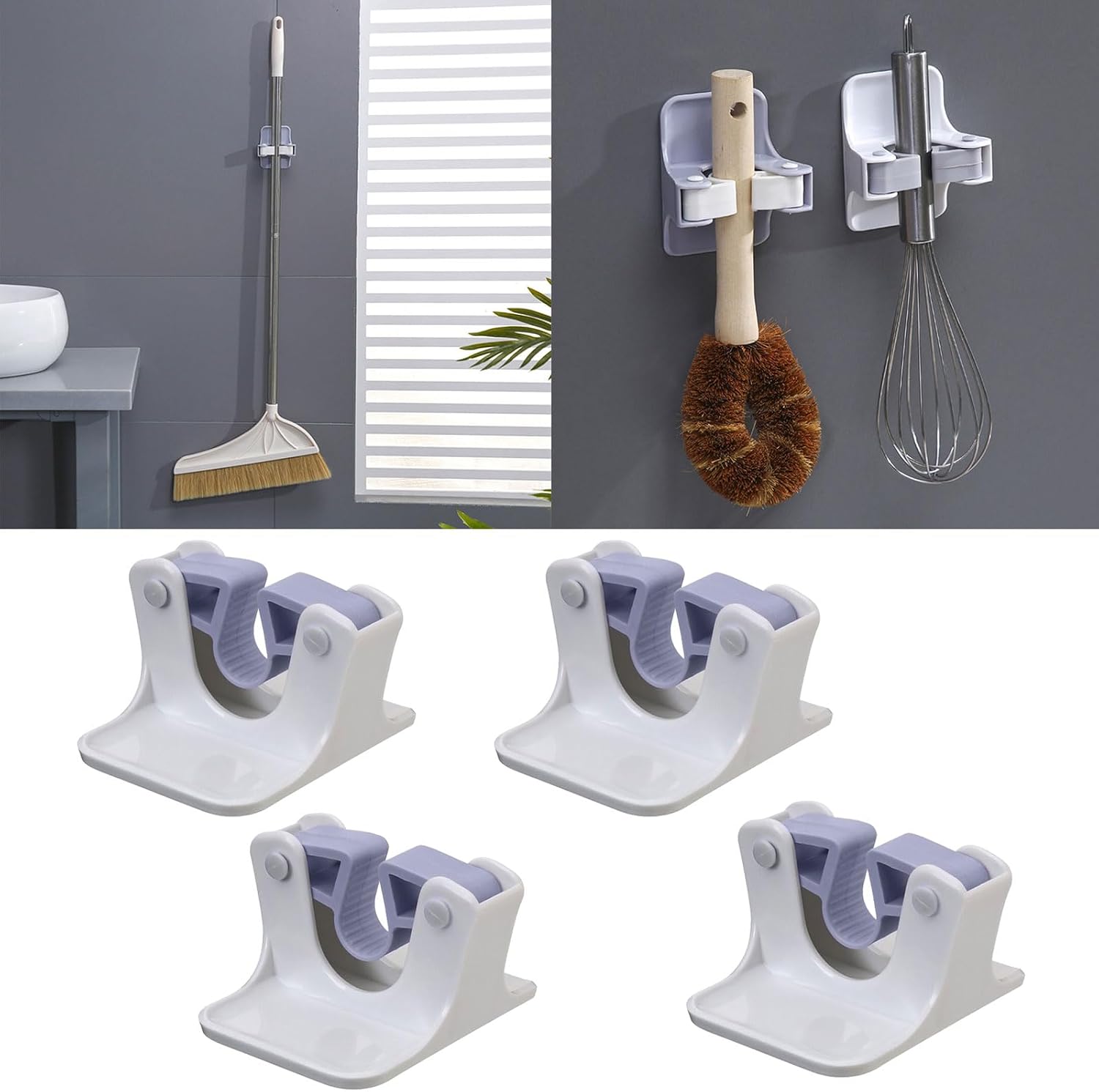 Of 4 Mop Broom Holder Adhesive Wall Organizers for Mops Space Saving Mops Handle Hanger Tool Shelf Wall Mount Grippers