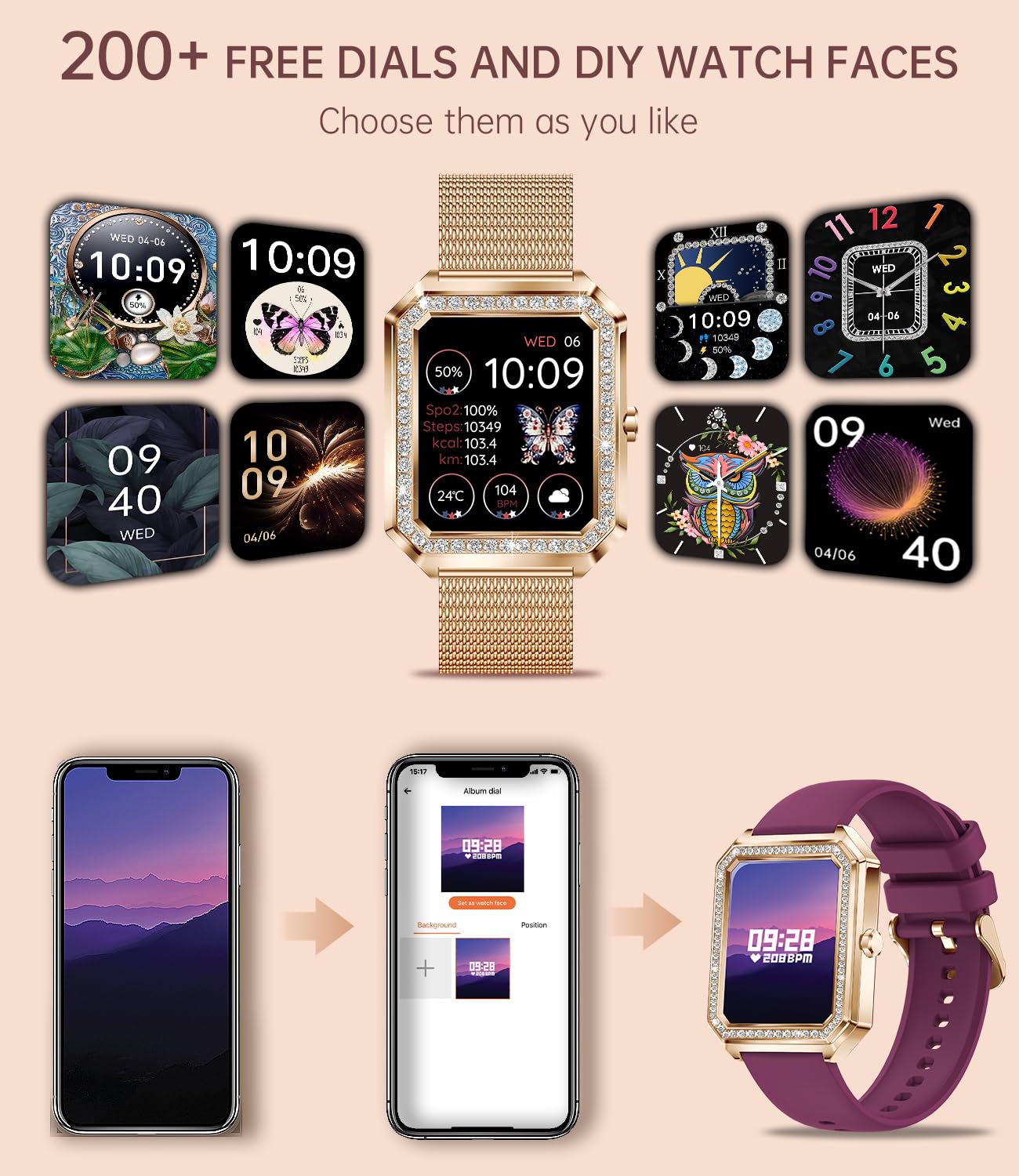 Smartwatch Donna con Effettua Risposta Chiamate 1.59" Orologio Fitness Monitor del Cardiofrequenzimetro SpO2 Sonno Contapassi Assistente Vocale Notifiche Whatsapp Smart Watch per Android iOS