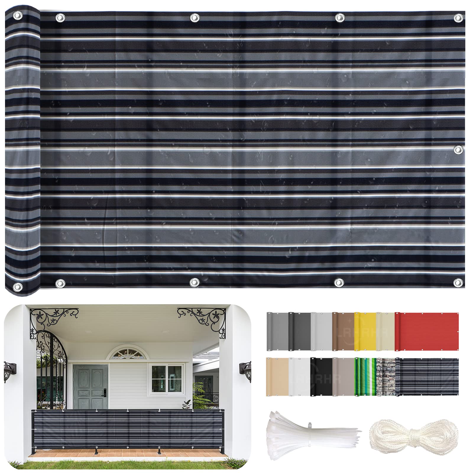 Osłona balkonowa, ochrona przed wzrokiem, na patio, wodoodporna blokada UV, osłona balkonowa z opaskami kablowymi i liną, czarne paski, 100 x 600 cm