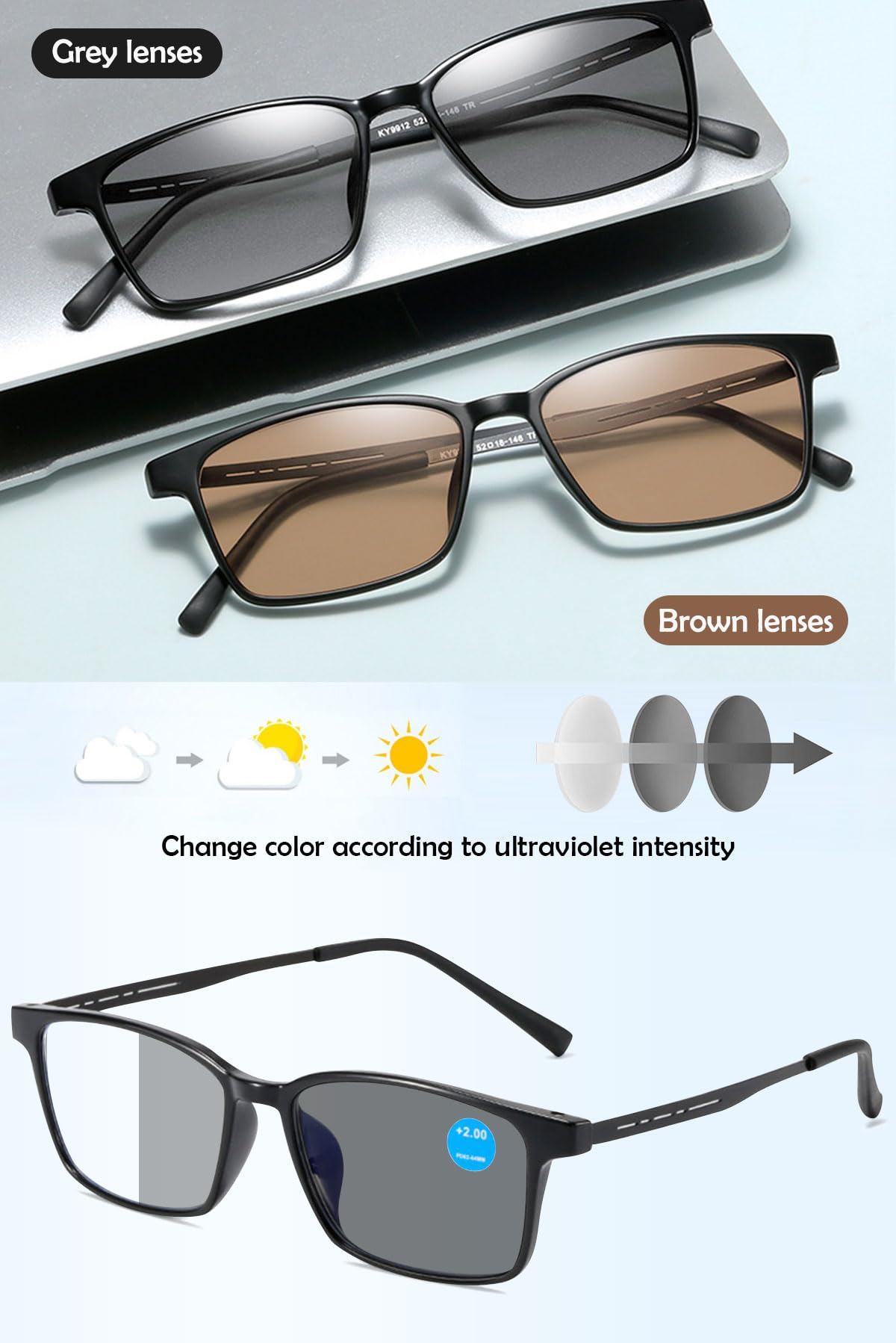 KOOSUFA Selbsttönende Lesebrille Photochrome Herren Blaulichtfilter Lesebrillen Rechteckiger Leicht TR90 Rahmen Metallbügel mit UV-Schutz Sonnenlesebrille Lesehilfe 1.0 1.5 2.0 2.5 3.0 3.5 4.0