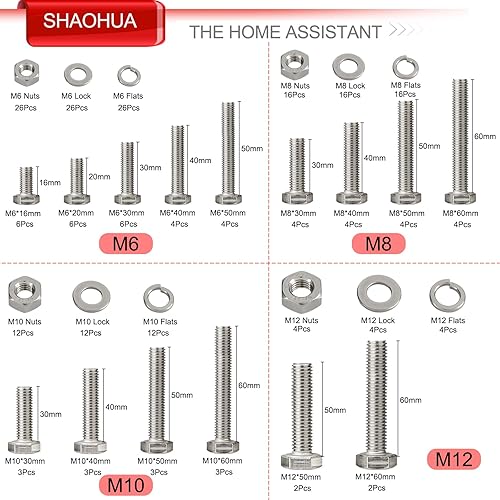 Miniatura 9 de SHAOHUA Kit surtido de 96 tuercas y pernos  M8 x 405060703.150 in  Pernos hexagonales de acero inoxidable 304 resistentes, tuercas planas y