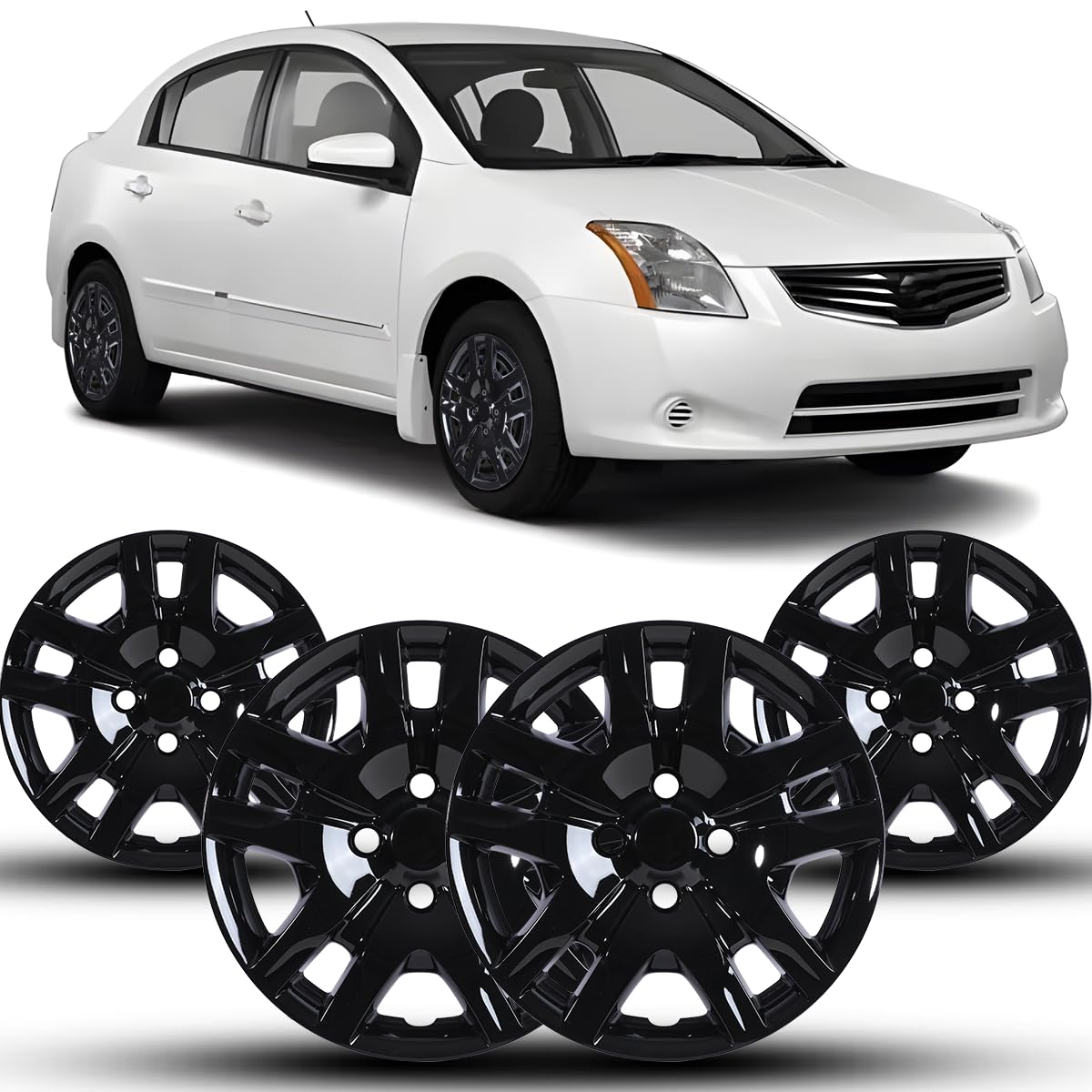 Winjet 16" Hubcaps Wheel Covers for 2007-2012 Nissan Sentra [2007 2008 2009 2010 2011 2012 Nissan Sentra] Wheel Rim Covers Fit for Steel Wheels 16 inch Hub caps Set of 4 (Black Lacquer)