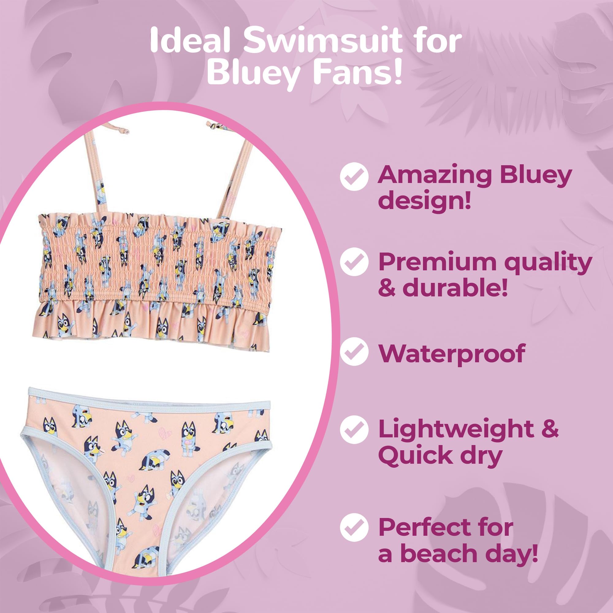 Bluey Maillot de Bain 2 Pièces pour Fille – Bikini Enfant Rose à Bretelles Réglables, Léger et Séchage Rapide – Piscine, Plage et Vacances