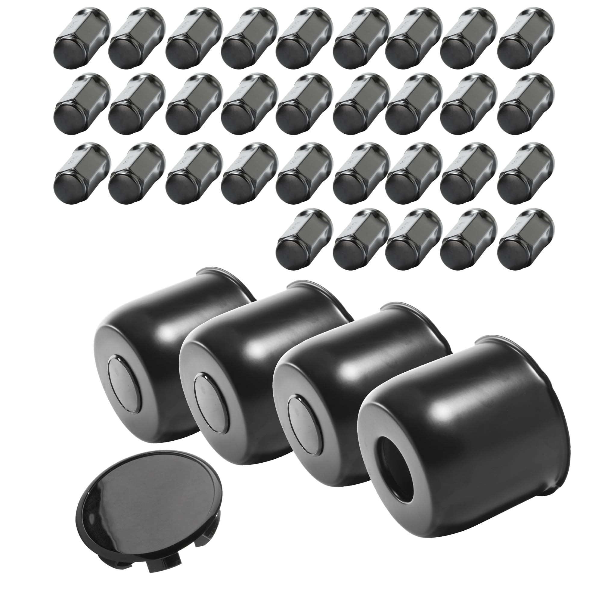 Photo 1 of HowioZil 4-Pack Trailer Push Through Center Caps and Trailer Wheel Lug Sets - 4.9in Wheel Center Caps Black Wheel Cover Carbon Steel Hub Cap with 32 Black Capped 9/16?-18 Lug Nuts for Truck RV