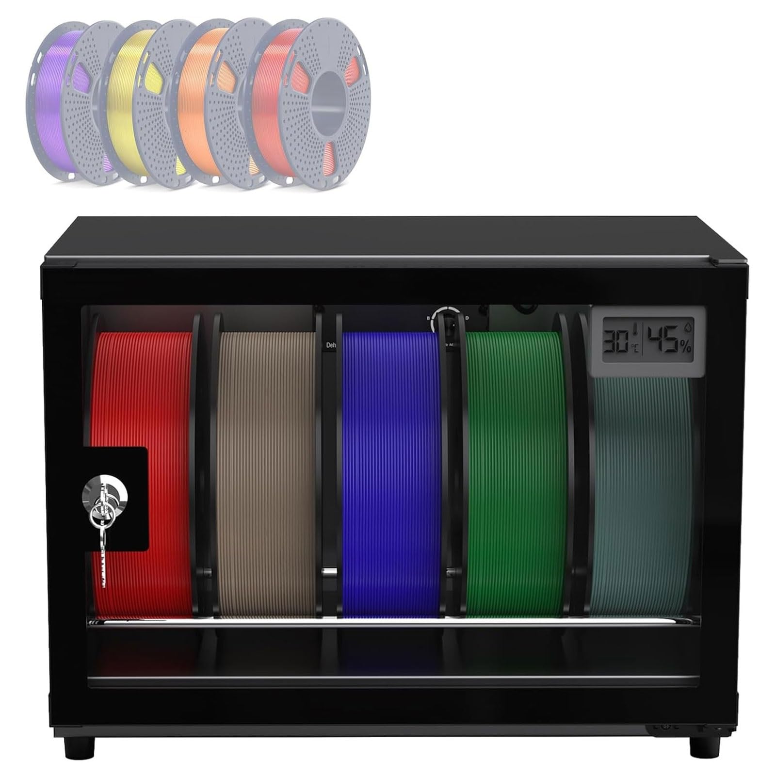 Caja de almacenamiento deshumidificador de filamento para impresora 3D con control de humedad ajustable, sostiene múltiples rollos, incluye bloqueo de seguridad para la conservación del material
