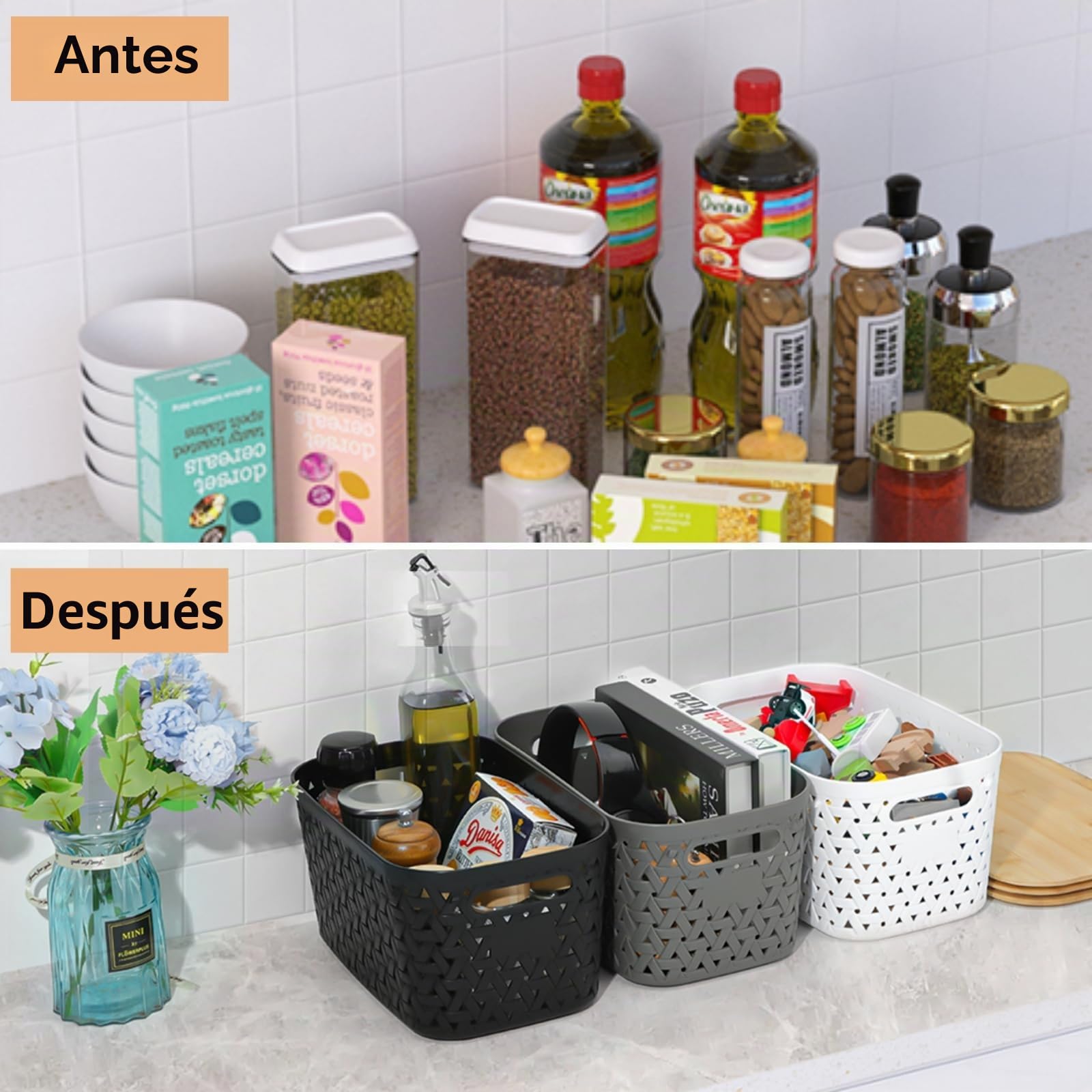 Sagittar Juego de 4 cajas de almacenamiento con tapa de bambú, cestas de almacenamiento de plástico, cestas de ratán de imitación, cajas de almacenamiento minimalistas para escritorios, mesas de café