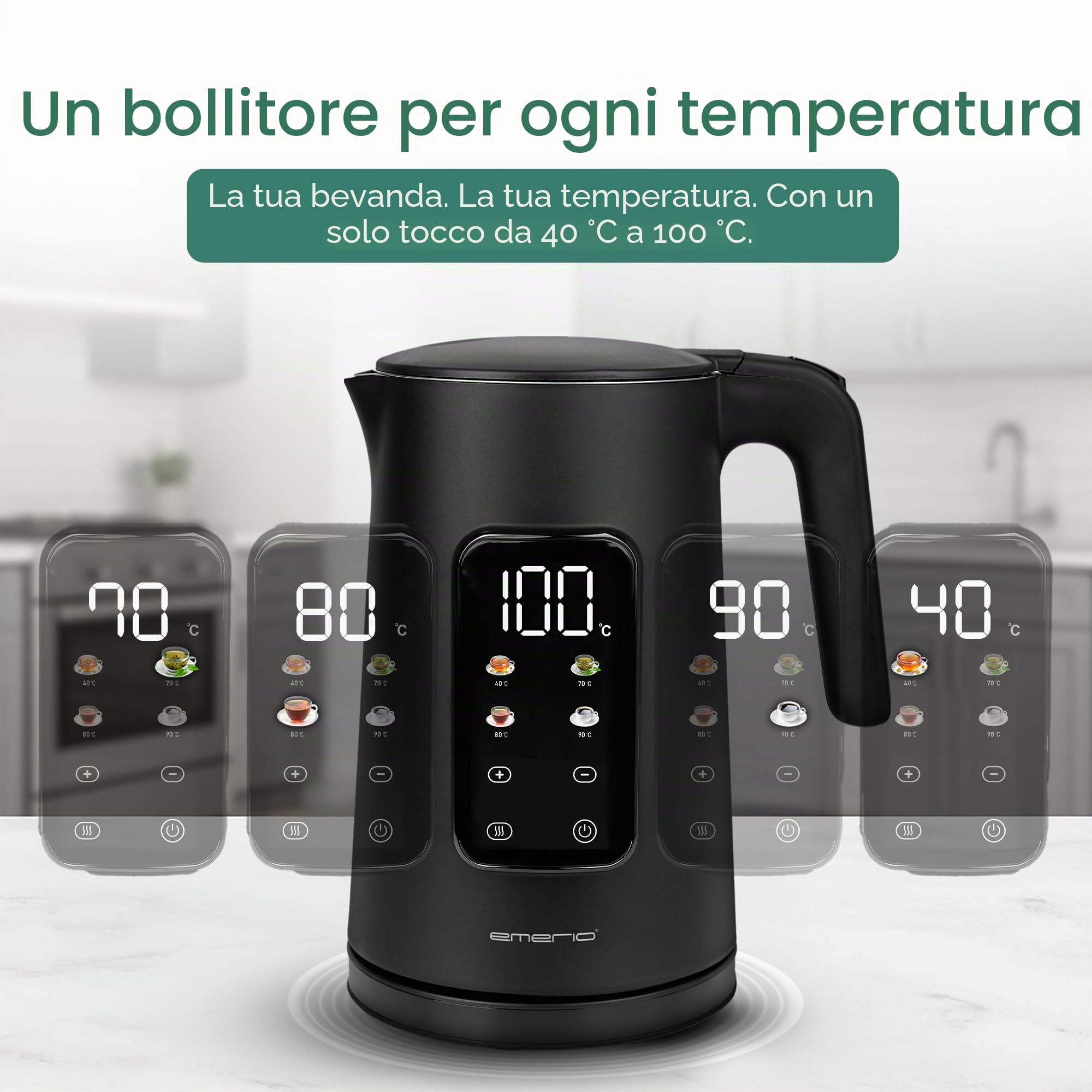 EMERIO Bollitore in acciaio inox, 1,7 l, doppia parete isolata, scelta della temperatura 40 – 100 °C in incrementi di 5 °C, display con varietà di tè preprogrammate, senza BPA, 2200 W, spegnimento