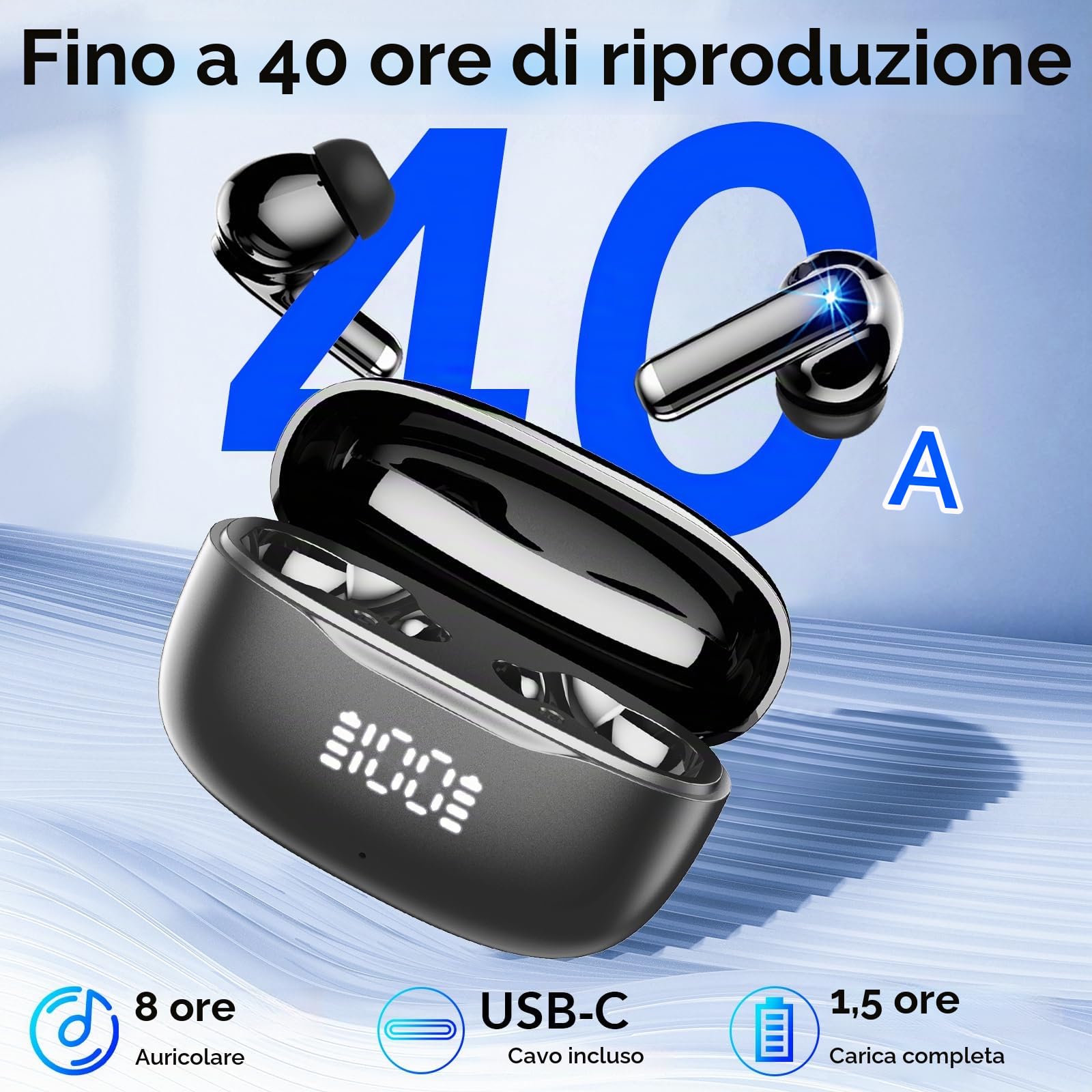 Cuffie Bluetooth , Auricolari Bluetooth 5.4 in Ear, Cuffie Wireless con 4 ENC Mic HiFi Stereo, Cancellazione Rumore, 40 Ore Sport Cuffie Senza Filo, IP7 Impermeabili LED Display per iOS/Android, USB-C
