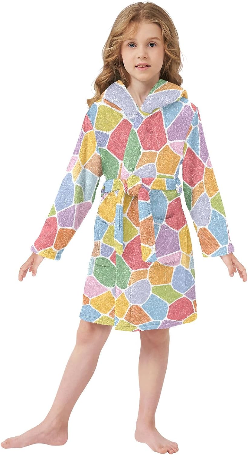 Color Irregular Shape Pattern Toddler Hooded Bathrobe for Boys Girls Soft Plush Bath Towel Robe 2-12 Years