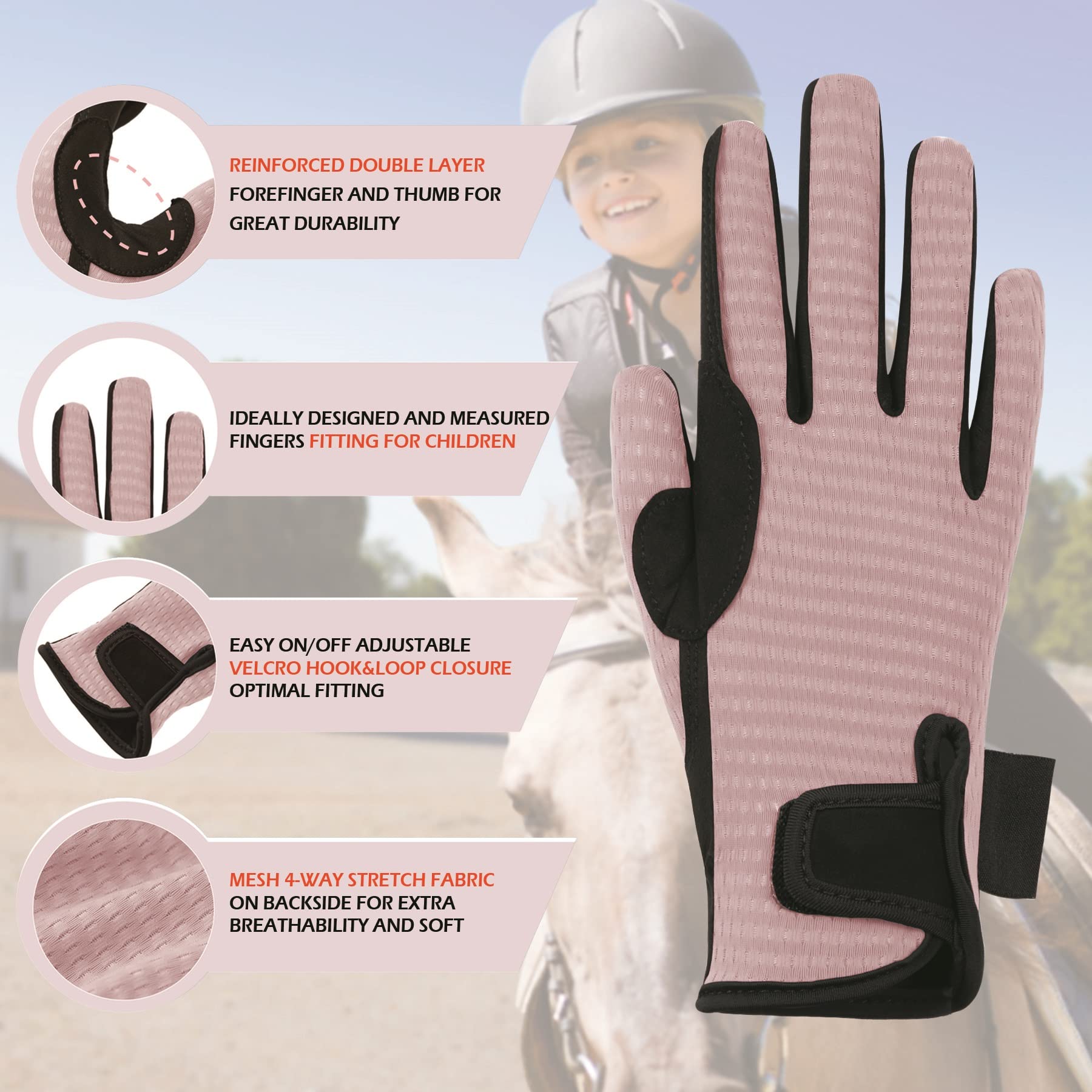 Thapower Guantes de equitación para niños, guantes de equitación ecuestre de malla, guantes de equitación para niños y niñas, ideales para ciclismo, jardinería, rosa, M