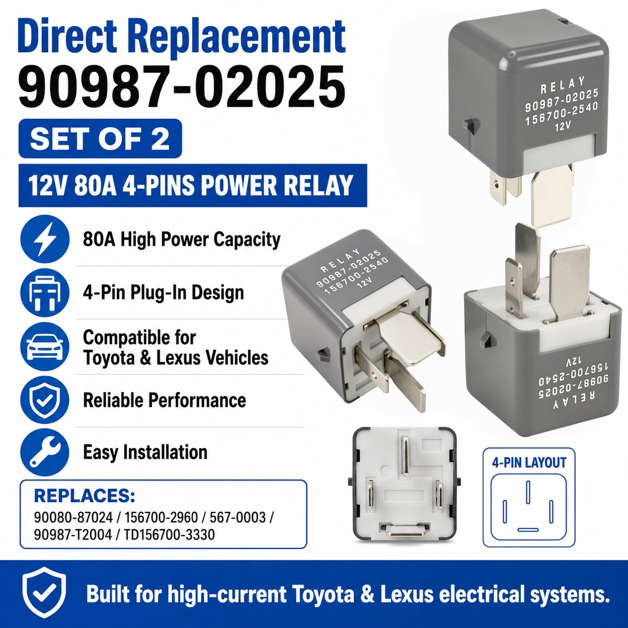 Amazon.co.jp: 自動車用リレー 90987-02025 156700-2540 – 12V 80A 4