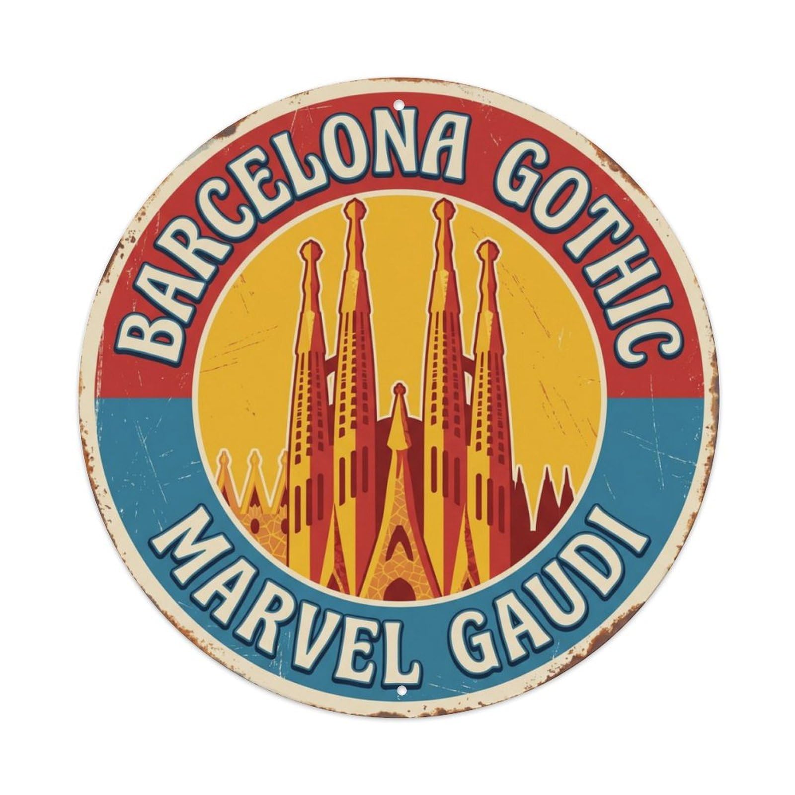 Cathedral Gothic Marvel Barcelona Landmark Metal Tin Sign Plaque Wall Decor for Cafe, Club Bar, Office, Home Garden Round Metal Poster 8x8Inch