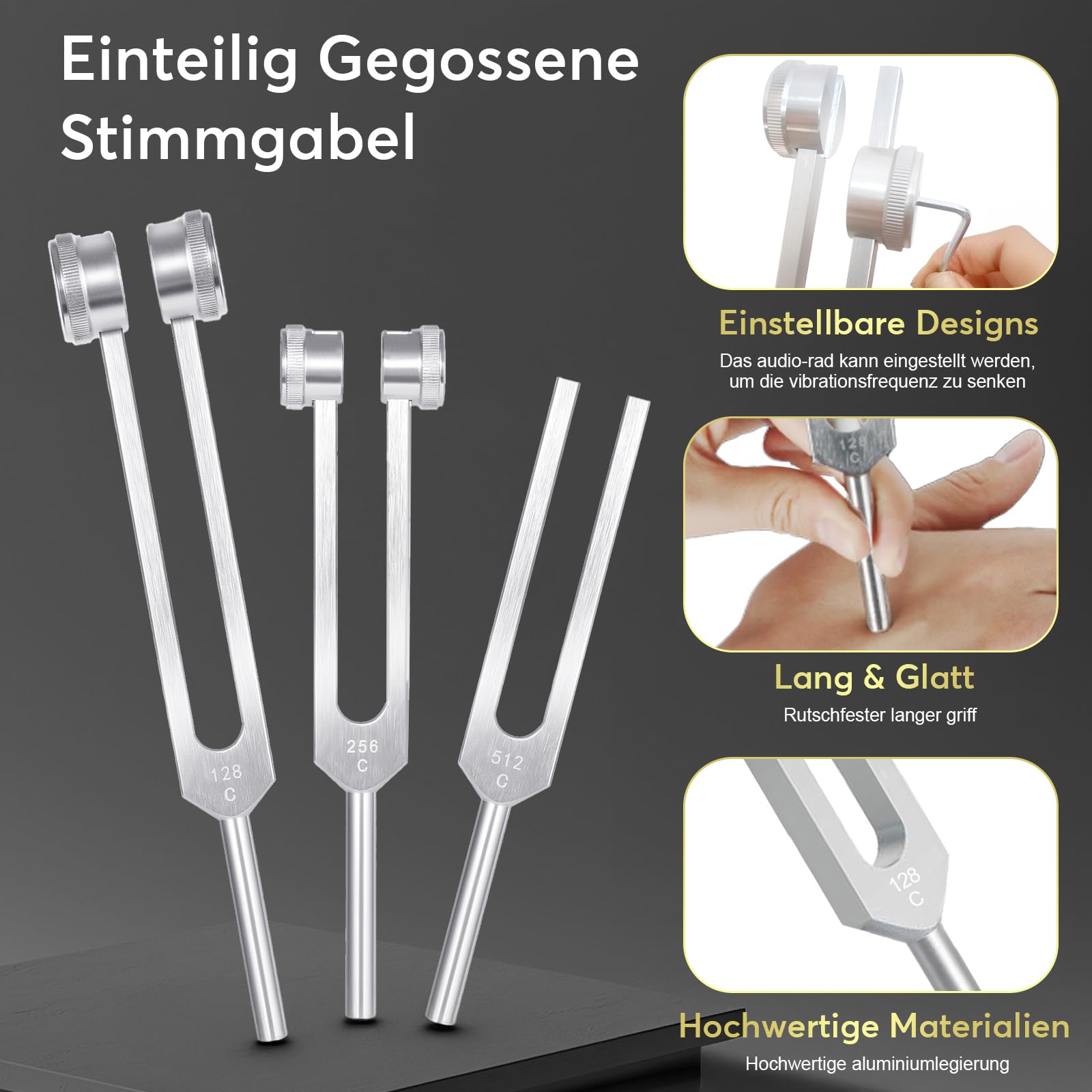 Stimmgabel Set für Heilung (128Hz, 256Hz, 512Hz), Stimmgabel Therapie/Frequency Heilung Pitchgabel/Klangtherapie/Yoga und Meditation und Entspannung Instrumente (Silber), Stress Relief Geschenk