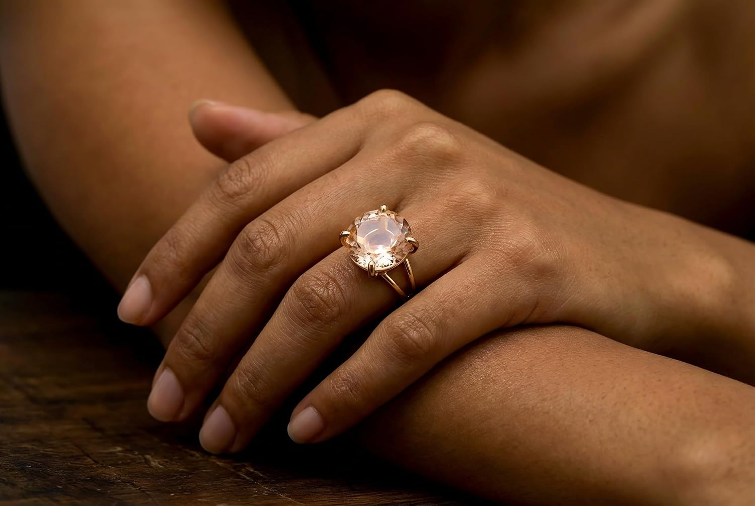 Handmade Gold Morganite Cocktail Ring - December Birthstone - Double Band Statement Jewelry