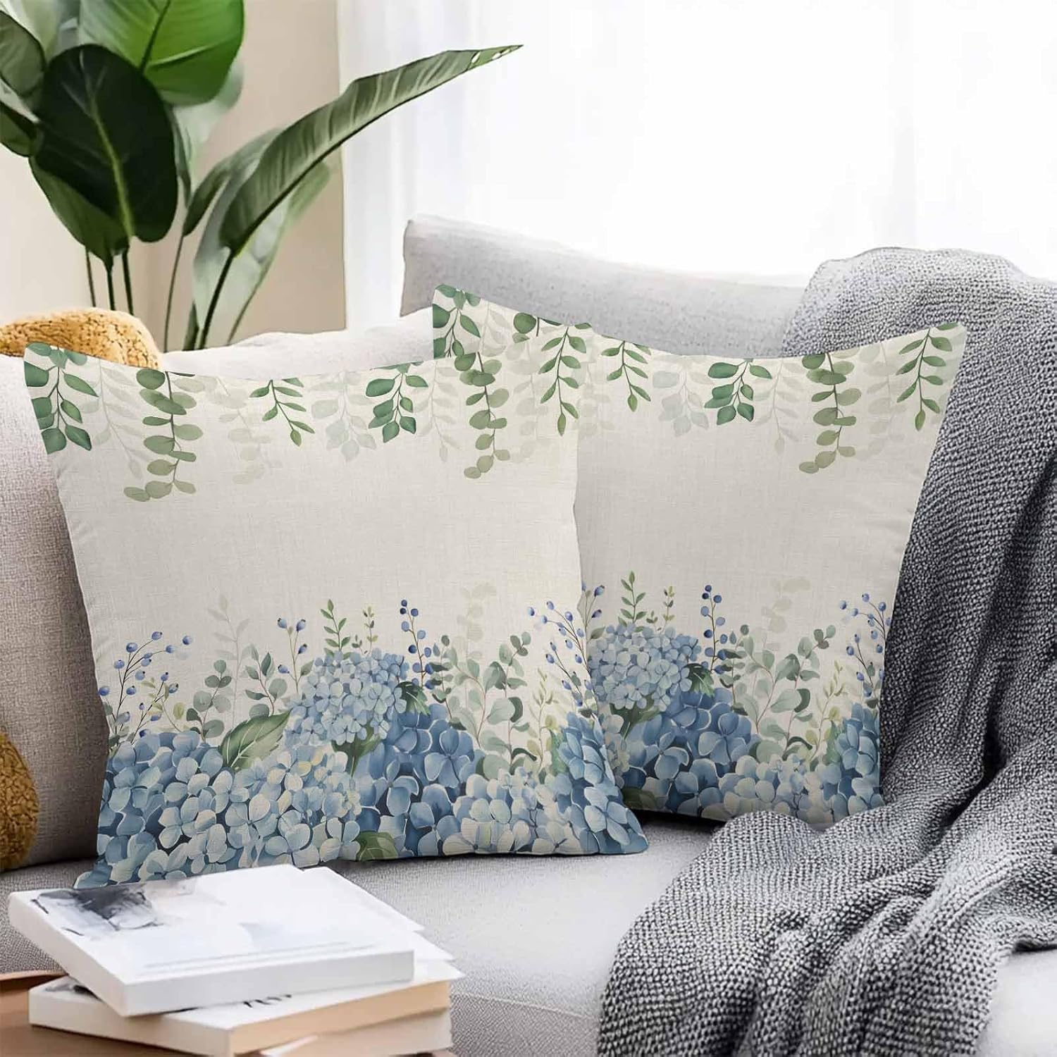 Hydrangea Flower Outdoor Throw Pillow Covers Waterproof Eucalyptus Pillow Cases 16x16in,Green Leaf Retro Linen Decorative Boho Pillow Covers Cushion Cases for Couch Sofa Patio Garden 2 Pack