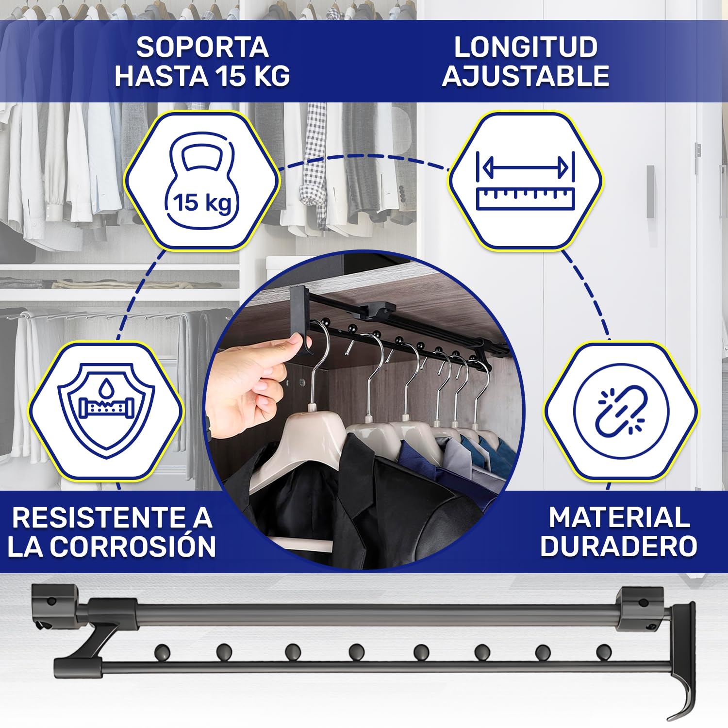 2x Perchero Extensible Armario 450 mm Carga Máxima 15 kg | Percheros Extraibles Armario Ropero Fabricado en Acero - Garantía de 10 Años - MONTERAL
