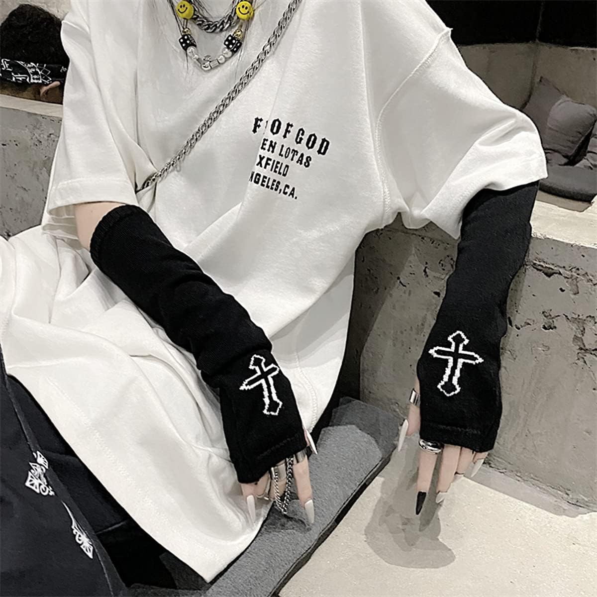 Skateboard Frog Women Gloves Goth Arm Sleeve Cool Black Moon Cross Printed Hip Hop Arm Warmers