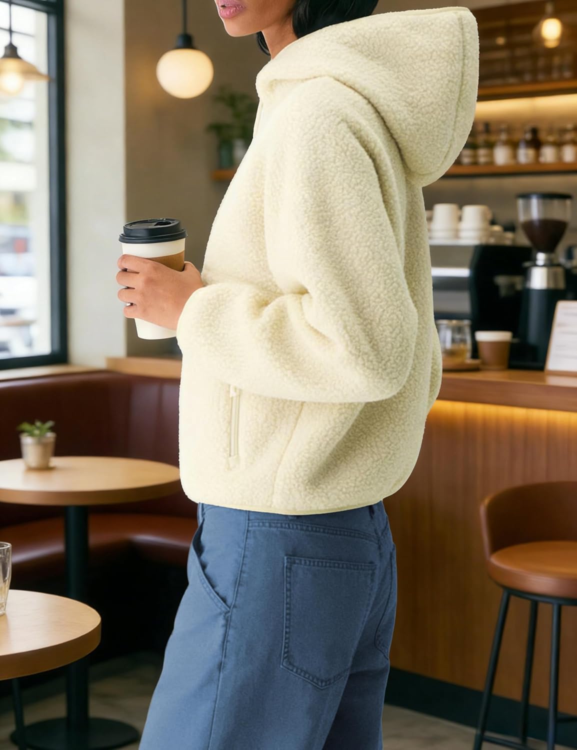 Women's Hoodie Half Zip Sherpa Fleece Pullover Lightweight Cropped Jacket with Zipper Pockets - Image 2