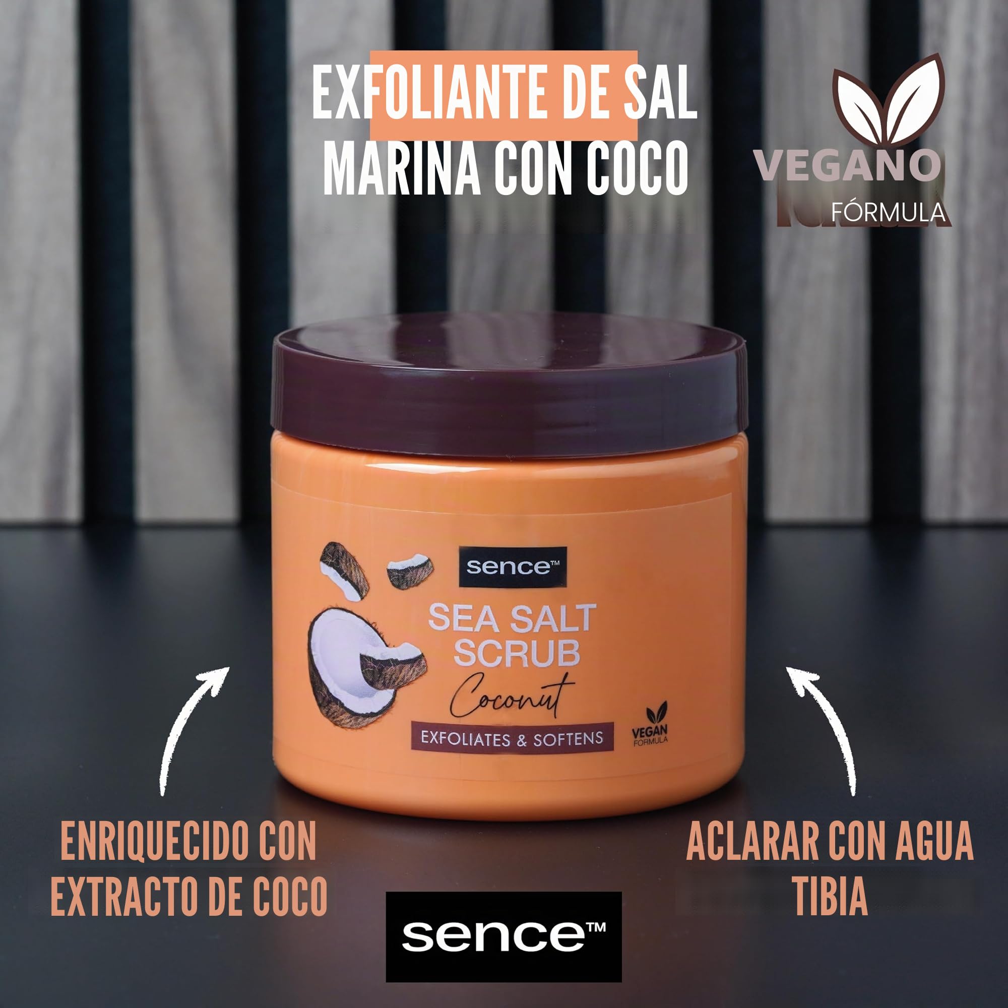 Sence Body Scrub Coconut, Exfoliante de sal marina de coco, vegano con toque tropical, aceite de jojoba y vitamina E, exfoliante cosmético de aceite de coco, cuidado de belleza, aceite de coco natural