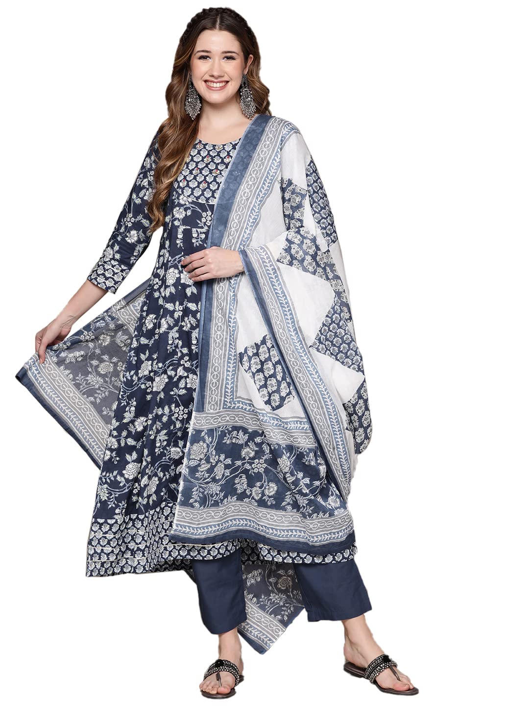Anubhutee Women's Blue Sequinned Ethnic Print A-Line Kurta Set With Trouser And Dupatta