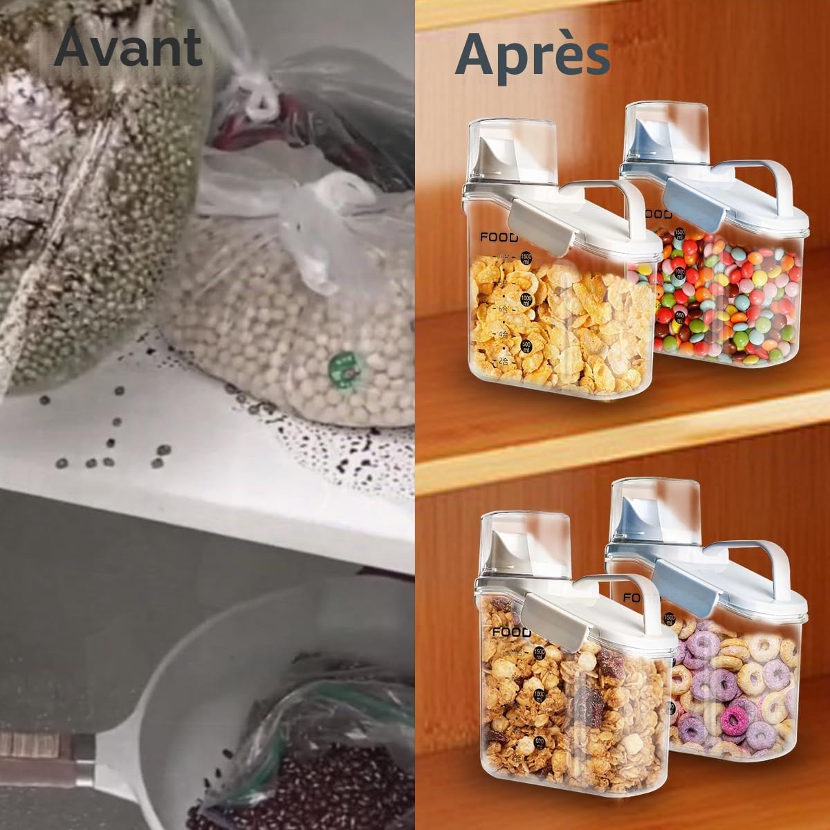 Bocaux Rangement Cuisine, Boite Cereales Hermétiques en Plastique avec Couvercle, Boite Hermetique Alimentaire pour le Stockage des Céréales Grains Aliments Secs Farine Sucre Riz, Sans BPA, 1.5L