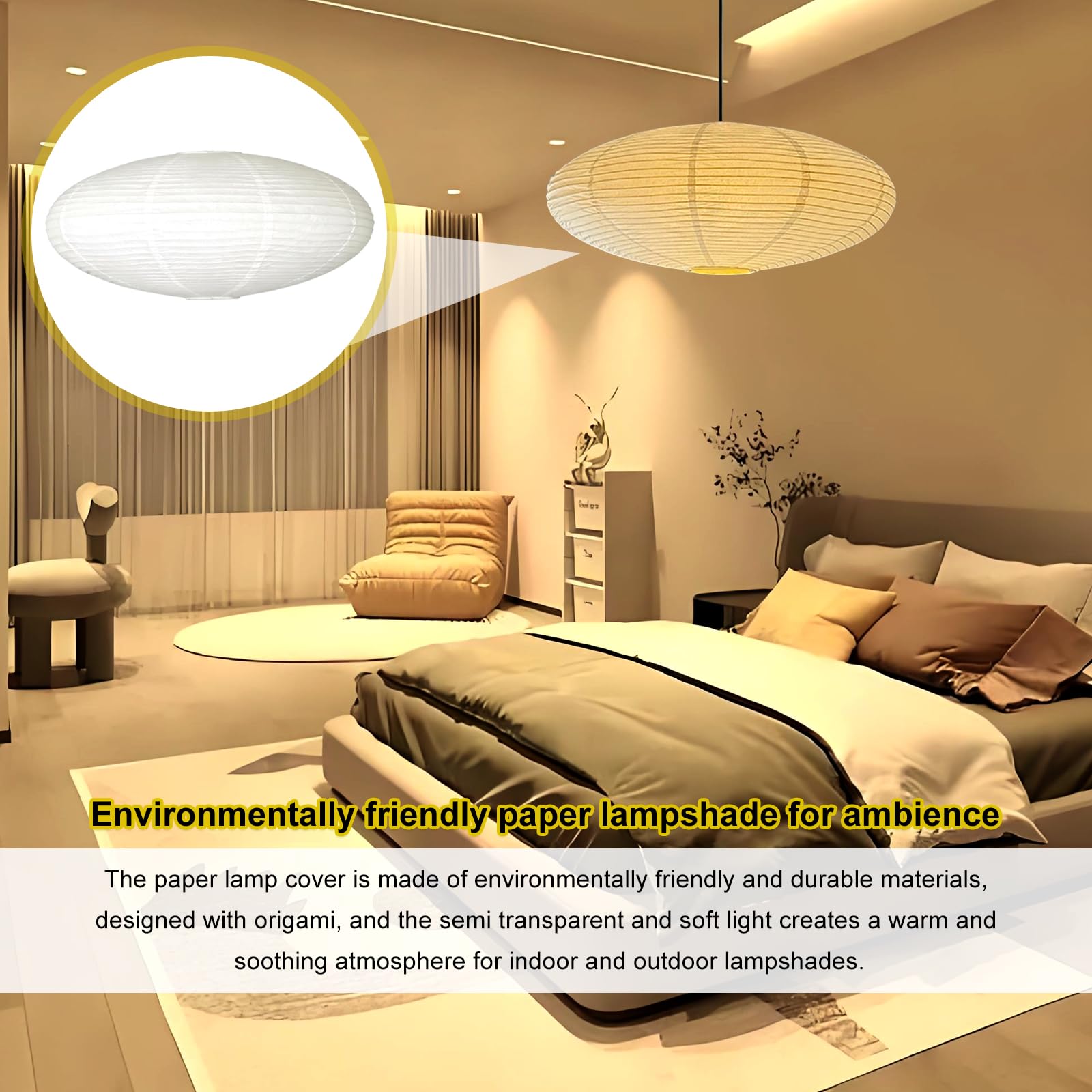 Papier Lampenschirm Oval Weiß 45 cm, Faltbarer Hängelampenschirm aus Reispapier, Weicht das Licht für warmes Ambiente, Geeignet für Wohnzimmer Schlafzimmer Esszimmer