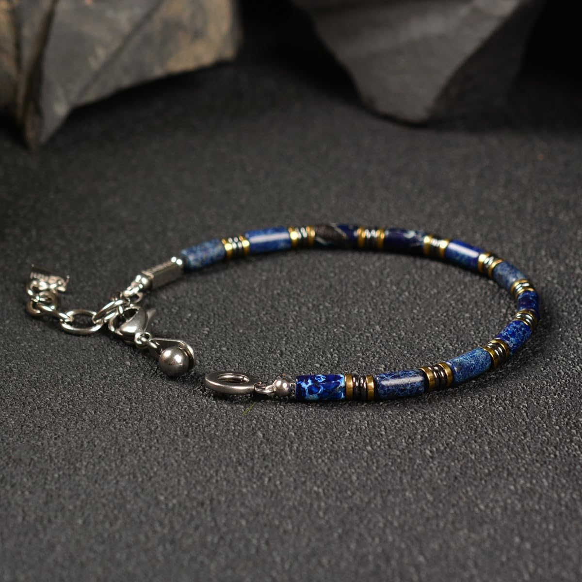 Blue Sovereign Men's Chakra Bracelet, Handcrafted Blue Emperor & Hematite Beads, Adjustable Stainless Steel Dual Clasp, Thickened Wire Gift for Dad Boyfriend Husband