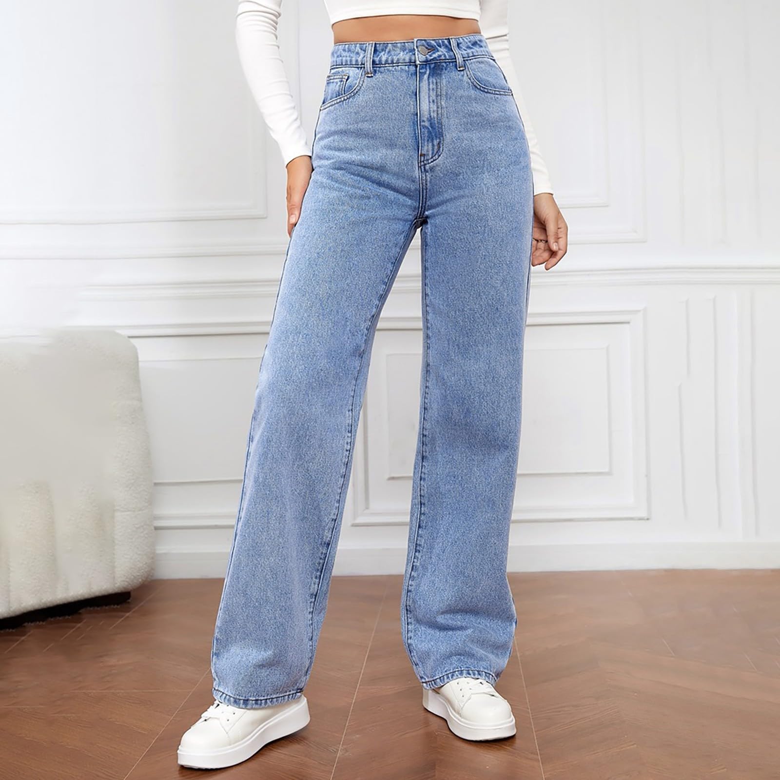 Générique Jean Femme Taille Haute Coupe Droite Straight Jeans Baggy Jambes Larges amincissantes avec Tous Les Pantalon Automne Hiver Elastique Classique en Denim Jean Coupe Boyfriend