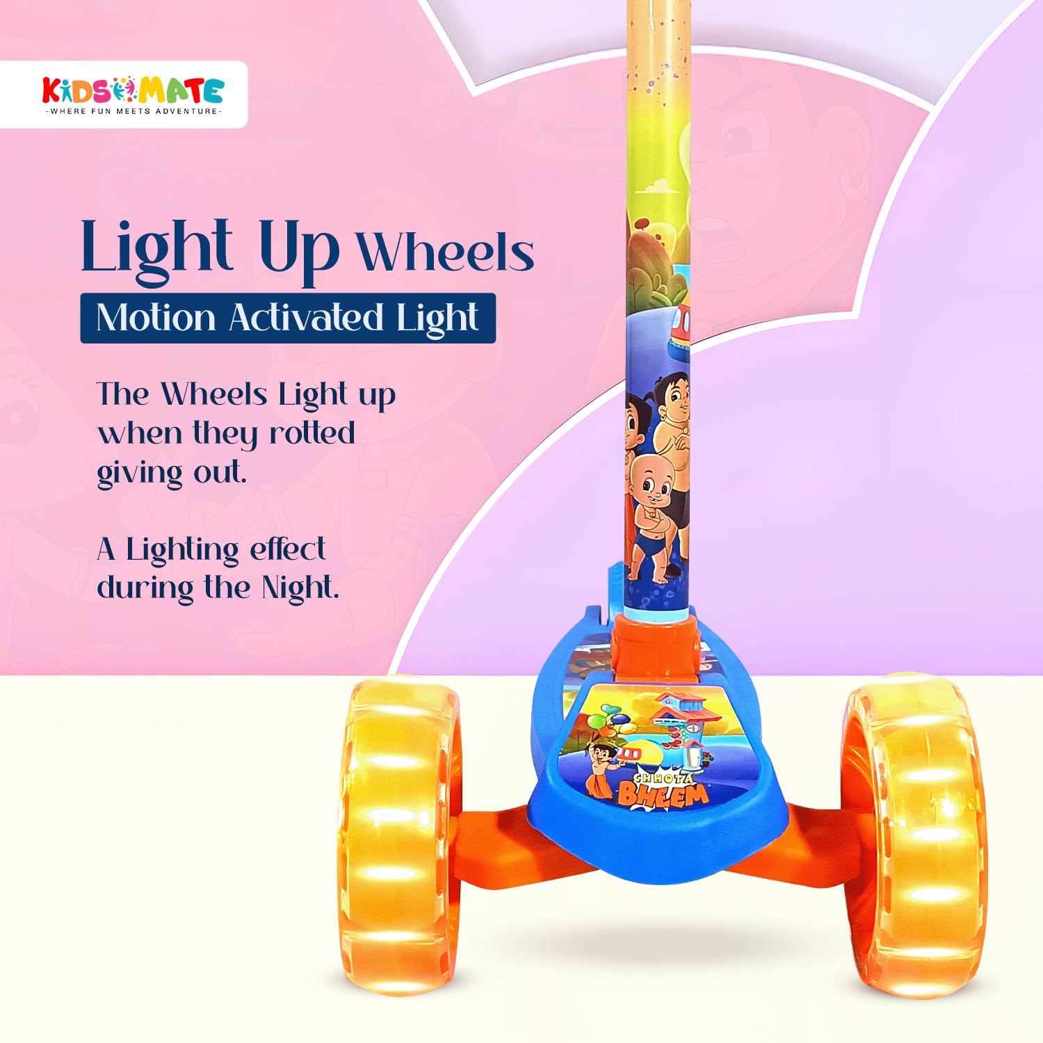 Kidsmate Chhota Bheem® Kick Scooter with Broad LED PVC Wheels | Non-Slip Wide Deck with Push Brake Kids Scooter for Age 3+ Yrs | 4-Level Height Adjustable | Max User Weight 50Kg - Blue 2