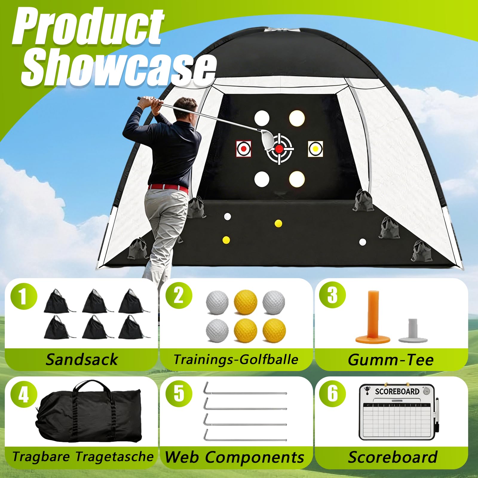 Golf Übungsnetz, 300 x 200 cm Golf Chipping Netz für Indoor und Outdoor Golf Trainingshilfen mit Rasenmatte Golfbälle Tees Sandsack Haken Zähler und Tragetasche für Training im Innen- und Außenbereich