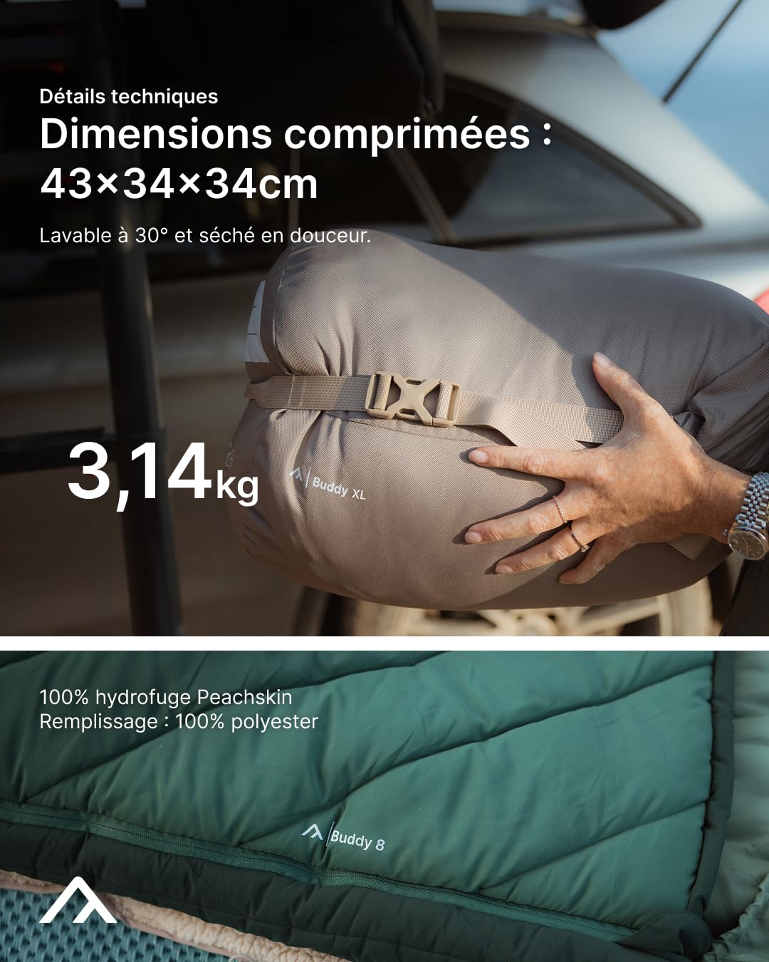 qeedo Buddy XL 8 Sac de Couchage XXL, Extra Large, été Outdoor (8-25 °C) 3 Saisons - Sac de Couchage Momie pour Adultes et Adolescents (jusqu'à 220 cm), Surface Peau de pêche