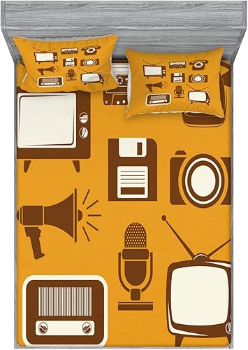 Ambesonne TV Show Fitted Sheet & Pillow Sham Set, Retro Electronic Media Megaphone Radio Telephone Cassette, Decorative Printed 3 Piece Bedding