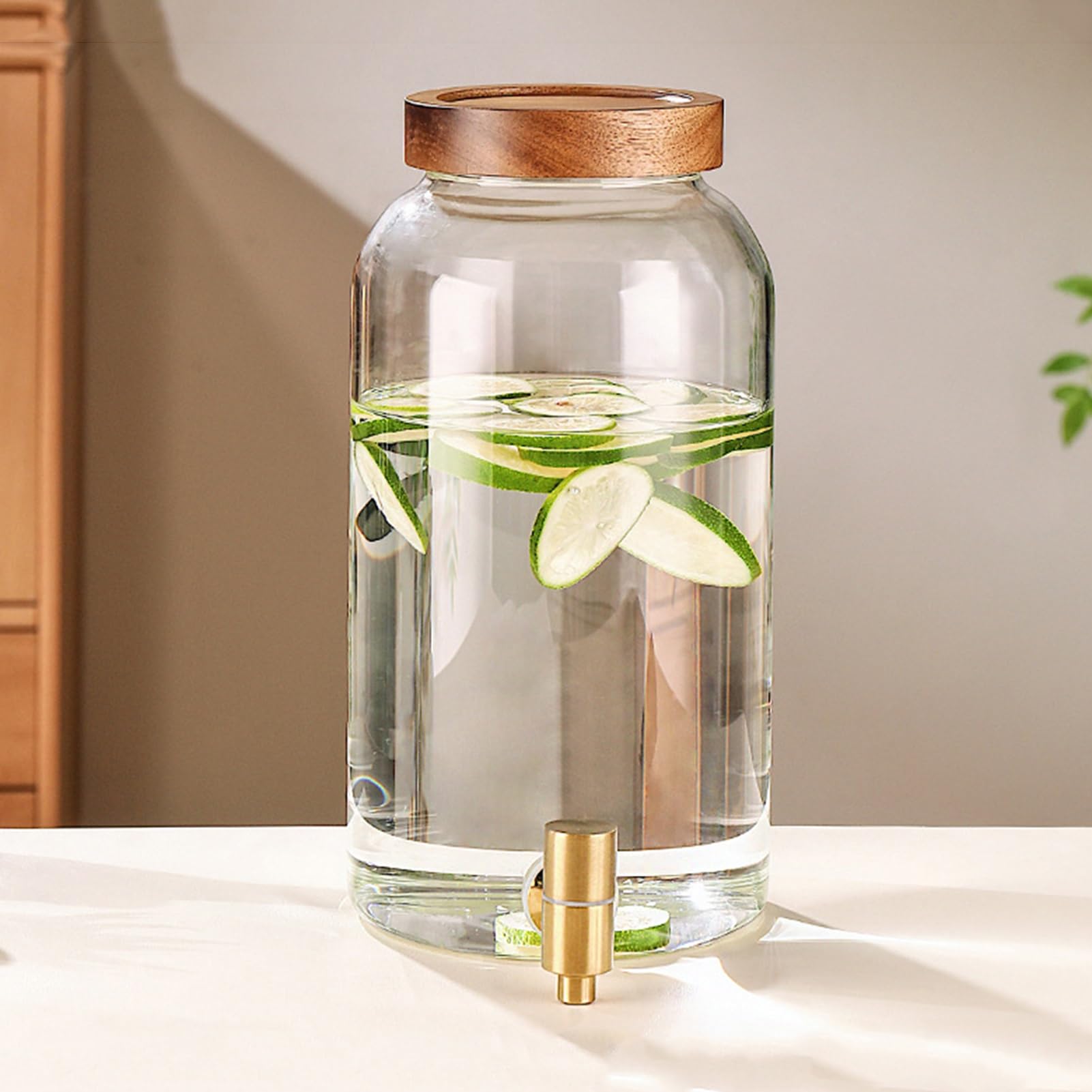 Distributori di Succo/Punch/Bevande in Vetro, Brocca di Vetro per Bevande con Coperchio in Legno Distributore di Limonata, Server per Bevande per Tea Party Wedding Bar Liquido(6L)