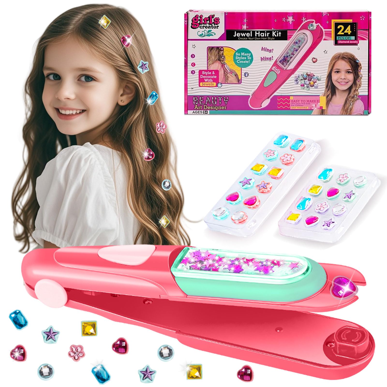 Yoloflix Hair Gem Stamper Kit, Bling Hair Jewels for Girls Toys, Hair Styling Tool with Reusable Shining Diamonds, Birthday Gifts Toys for Girls
