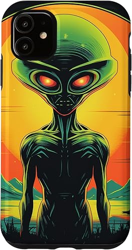 Vista 10 de iPhone 14 Pro Max Cute Green Alien Head UFO Space Face Alien Case