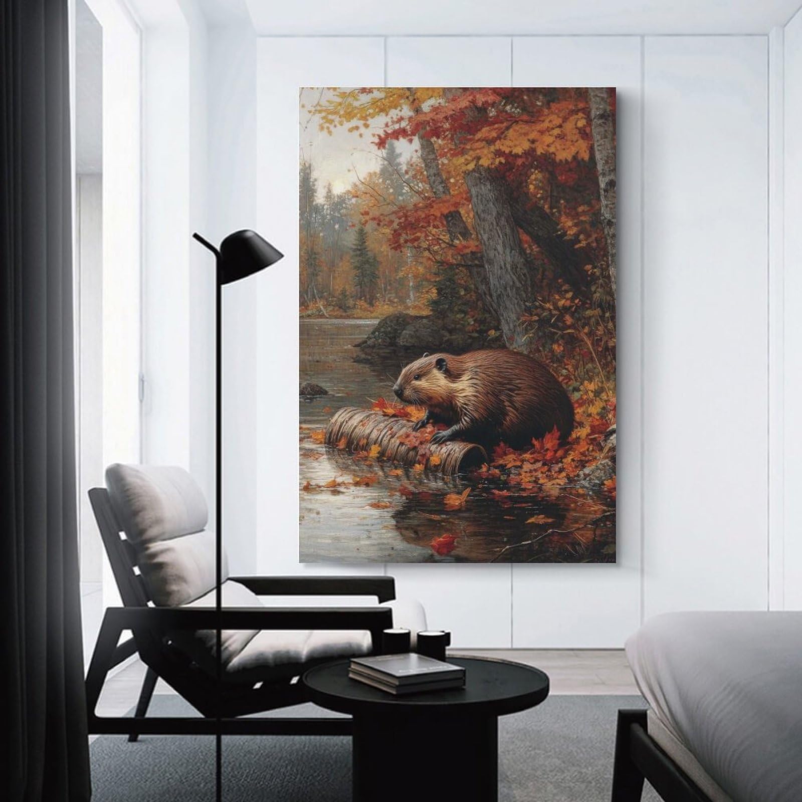 Junmoney Unframe-Style-5 Beaver In Autumn Forest Canvas Art Print 24X36inch(60X90cm), For Apartment Walls, Studios Or Work Areas, An Easy Choice For New Home Styling
