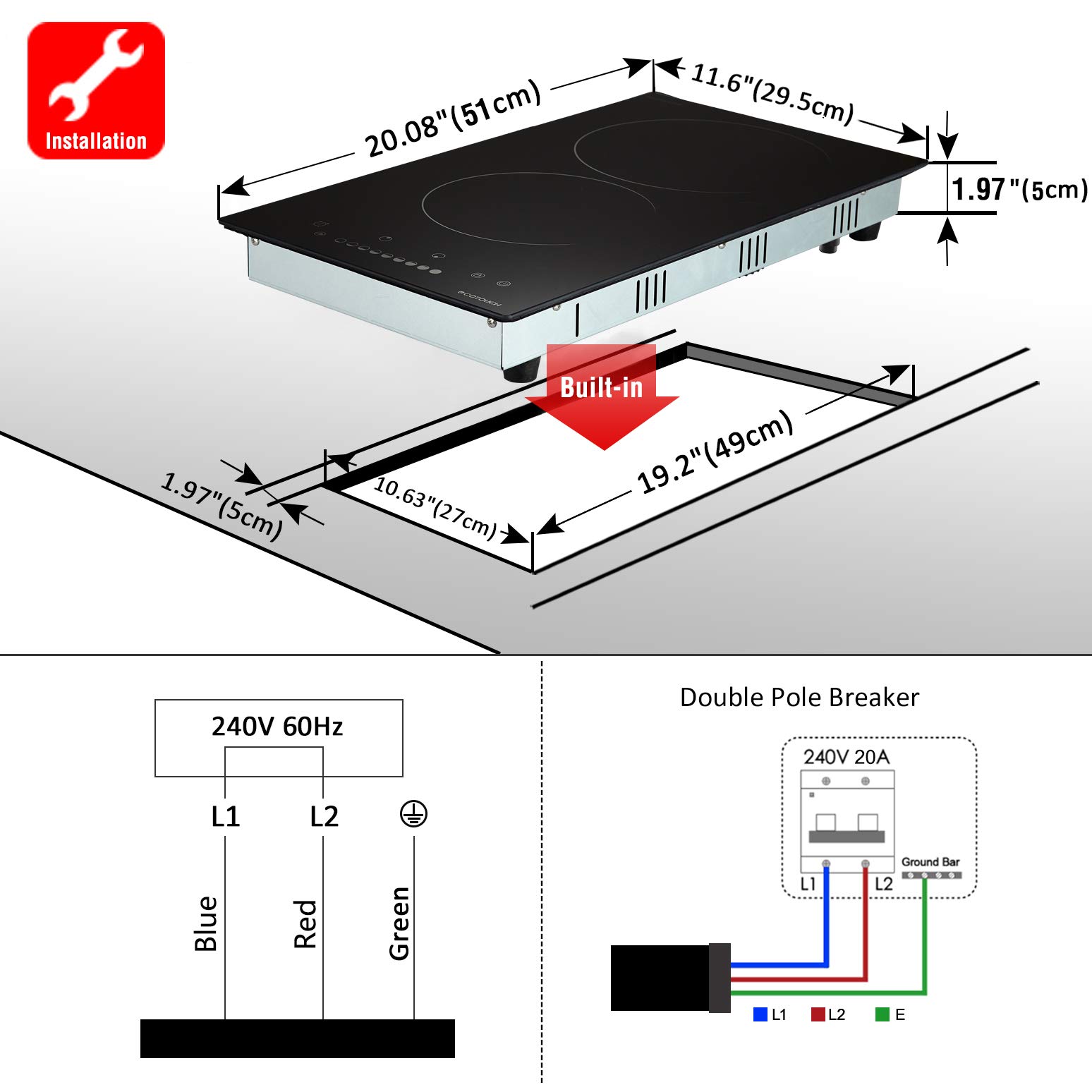 Electric Cooktop 12 inch, ECOTOUCH Radiant Electric Cooktop 12" Built