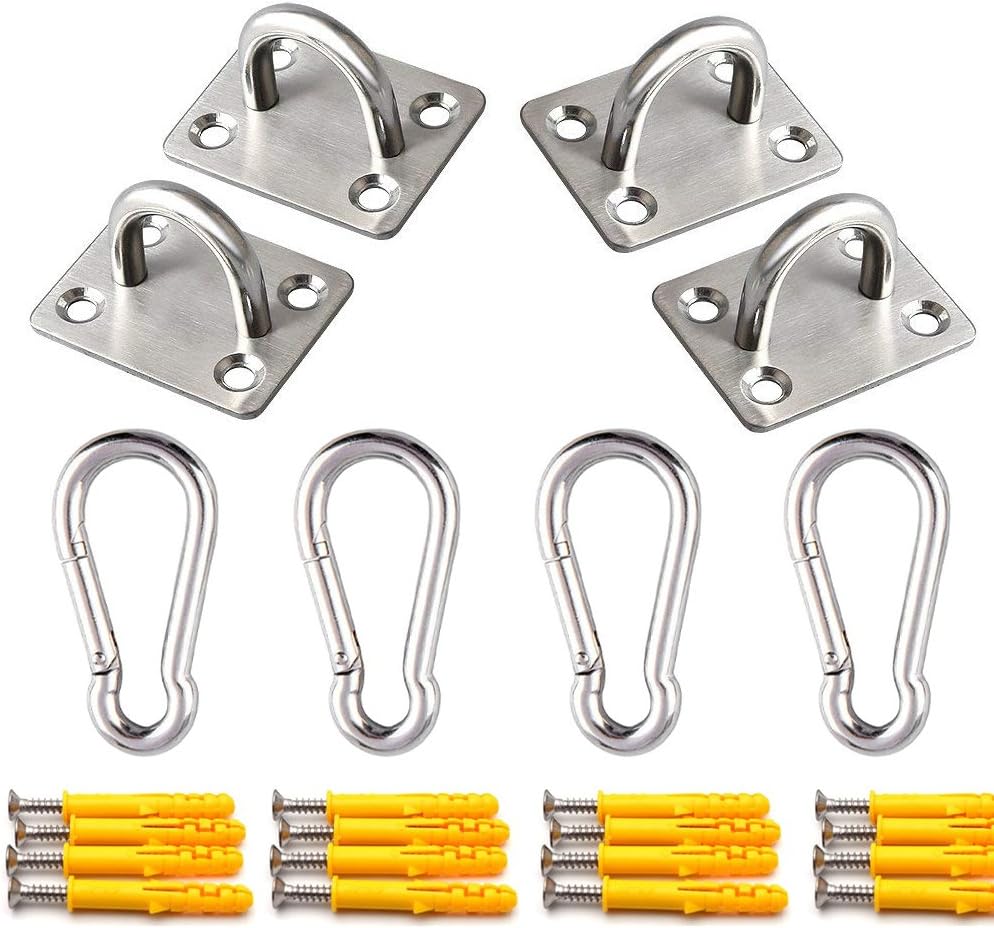 Abimars 4 Pack Hammock Hooks Heavy Duty Yoga Hanging Kit, M8 304 Stainless Steel Pad Eyes Plate Hook, Ceiling Hanger with Snap Hook Carabiners and Screws Accessories
