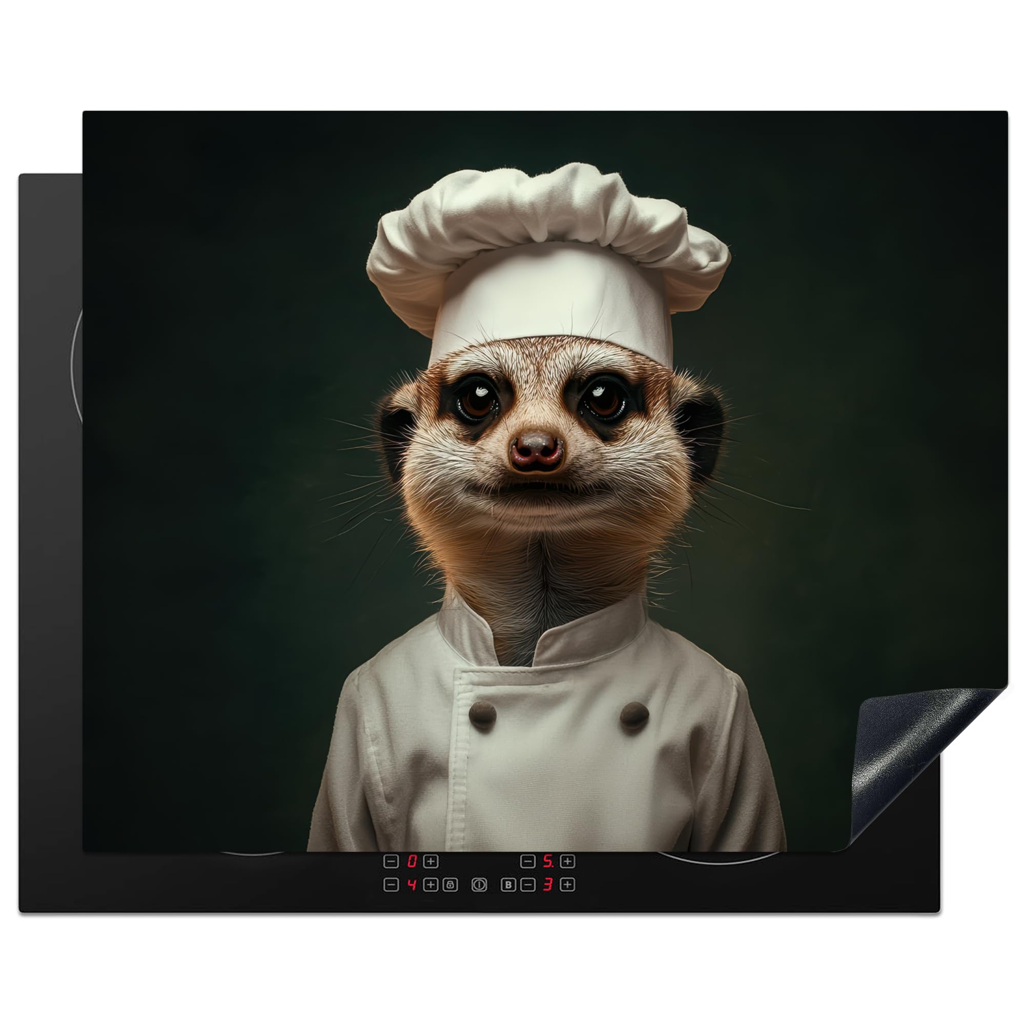 KitchenYeah© Induction Hob Cover Protector Mat 20.5"x25.6" / 65x52 cm Kitchen Universal Ceramic Covers for Electric Cookers Vinyl Animal - Chefs Hat - Meerkat