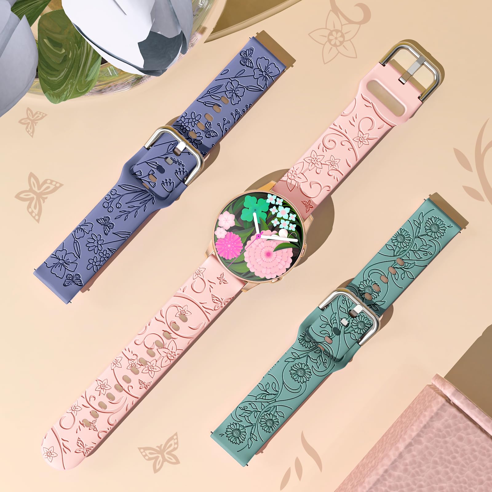 AMSKY 3 Pezzi Fiori Cinturino Compatibile con Samsung Galaxy Watch 7/4/6/5 40mm 44mm, Watch 6/4 Classic 43mm 47mm 42mm 46mm, Watch 5 Pro 45mm, Watch 3 41mm, Cinturino 20mm in Silicone per Donna